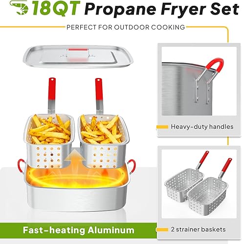Miniatura 5 de Freidora de propano de 18 cuartos de galón  Freidora de pescado al aire libre con 2 cestas, pinzas, tapa y termómetro  Freidora de aluminio  Ideal