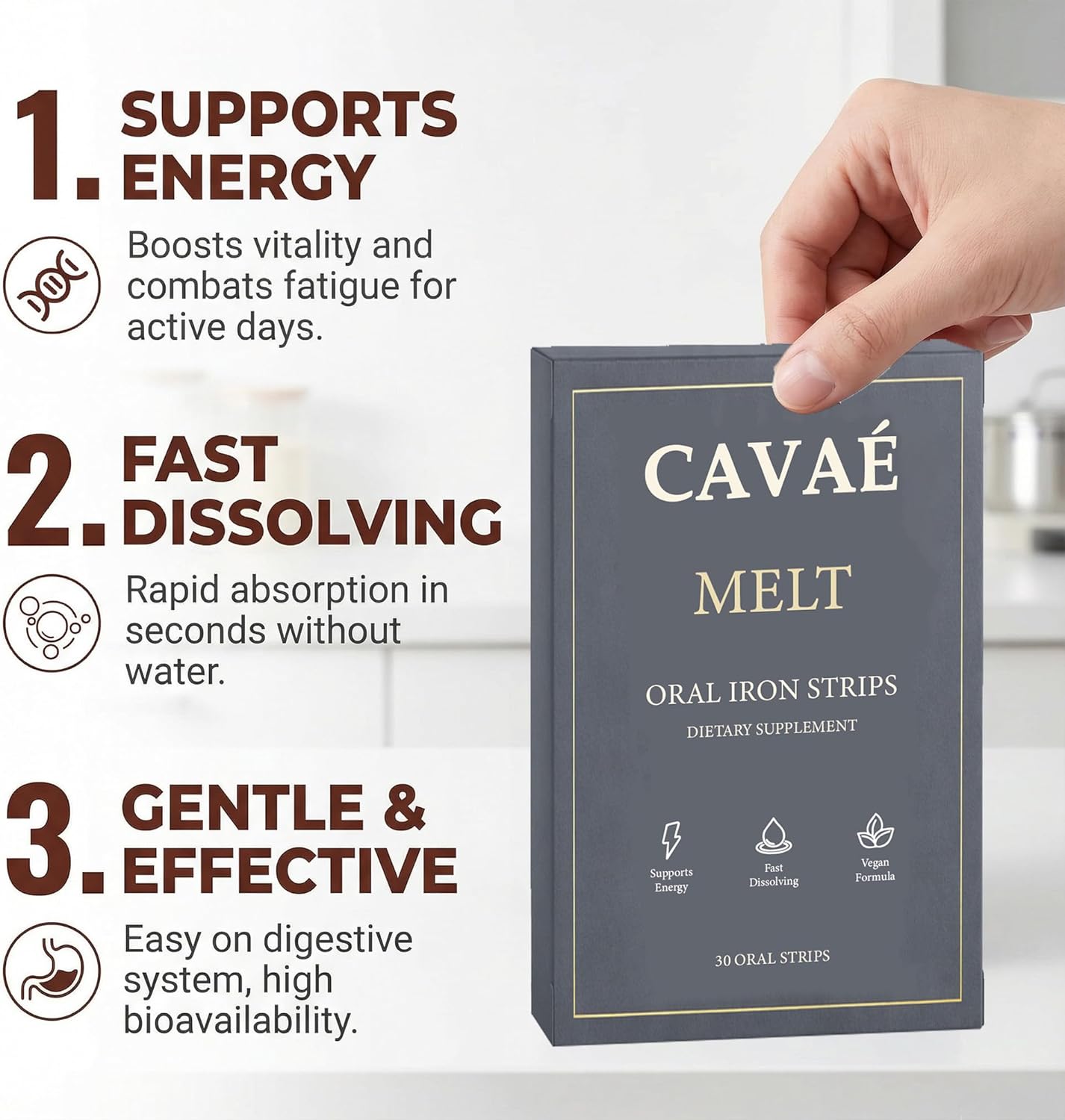 Cavae Oral Iron Strips, Oral Dissolving Film, 19 mg Iron Per Strip, 30 Oral Iron Support for Energy, Raspberry Flavor, No Water Needed