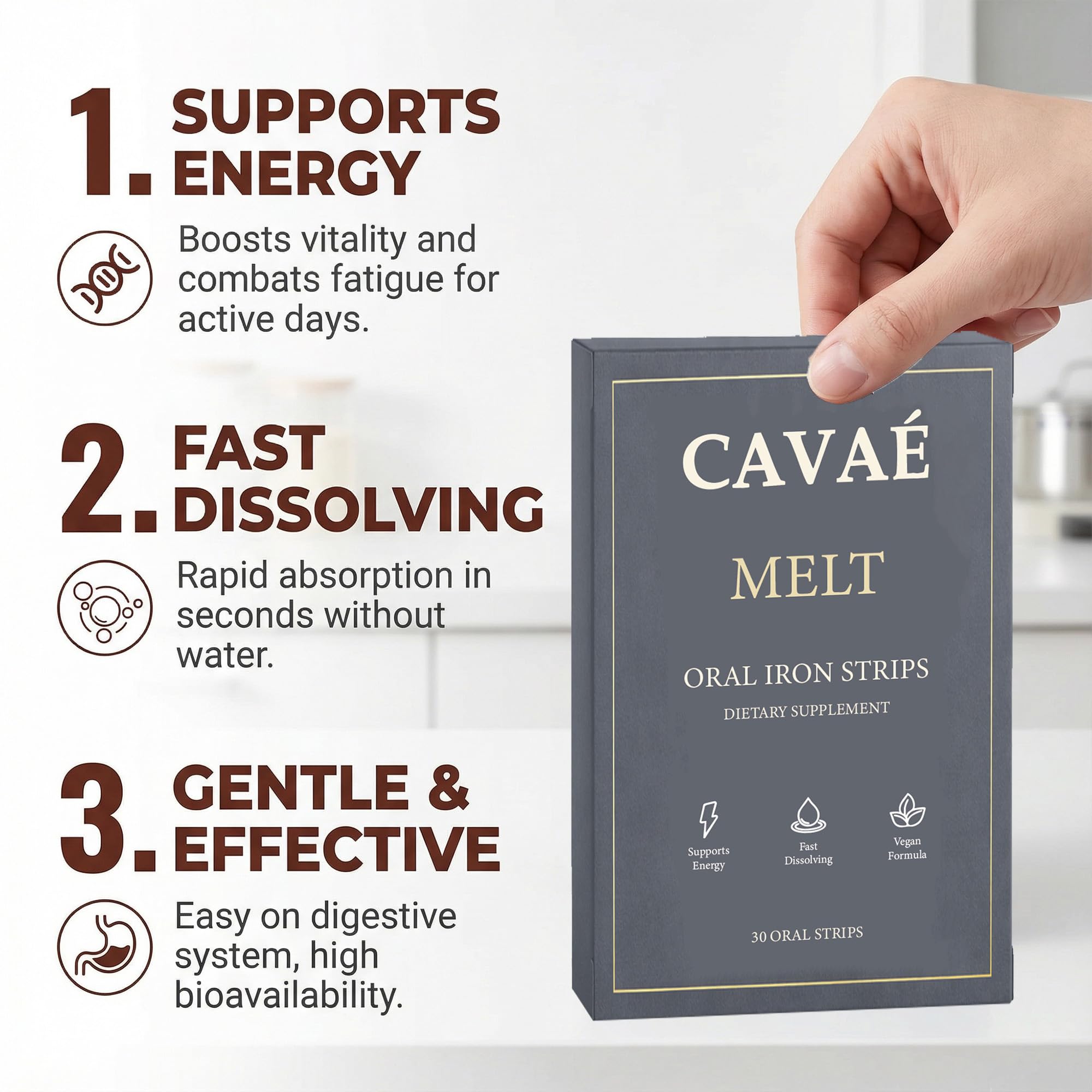Cavae Oral Iron Strips, Oral Dissolving Film, 19 mg Iron Per Strip, 30 Oral Iron Support for Energy, Raspberry Flavor, No Water Needed — Amazon image 2