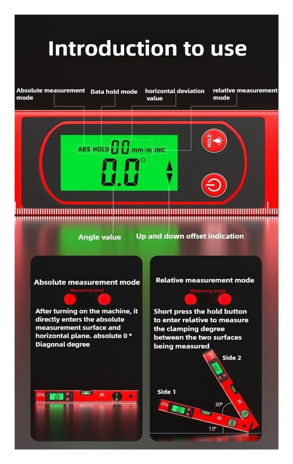 Inklinometr cyfrowy, Cyfrowy Poziom, Elektroniczny Kątomierz O Wysokiej Dokładności, Inklinometr Magnetyczny, Do Zastosowań W Budownictwie I Obróbce Drewna dla Stolarki, Budownictwa(Red-50cm)