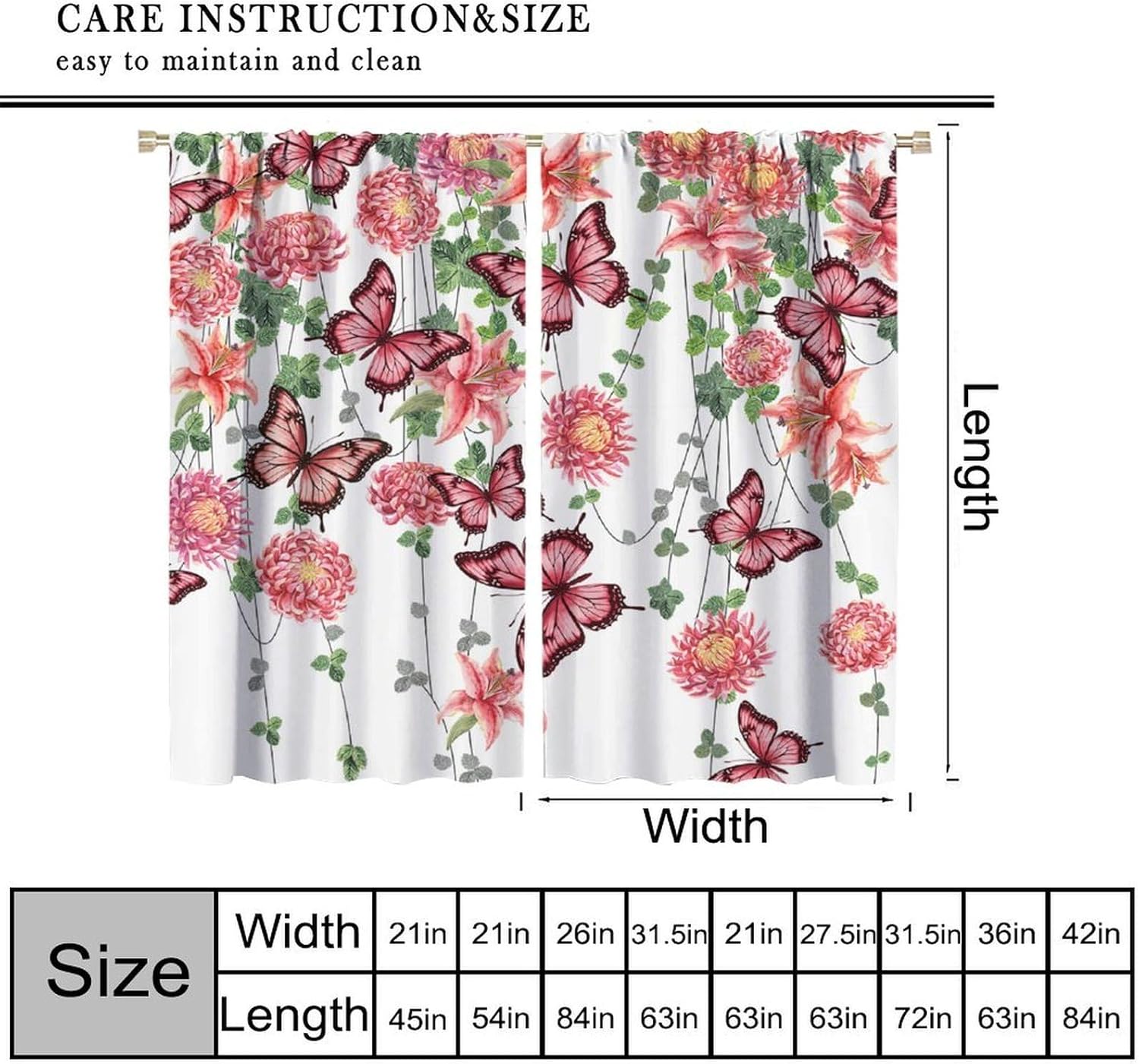 Butterfly Curtains Nature Plants Floral Chrysanthemum Lily Red Rose Window Treatments for Kids Girls Bedroom Nursery Room Rod Pocket Windows Treatments Door, 63x63 Inch 2 Panels