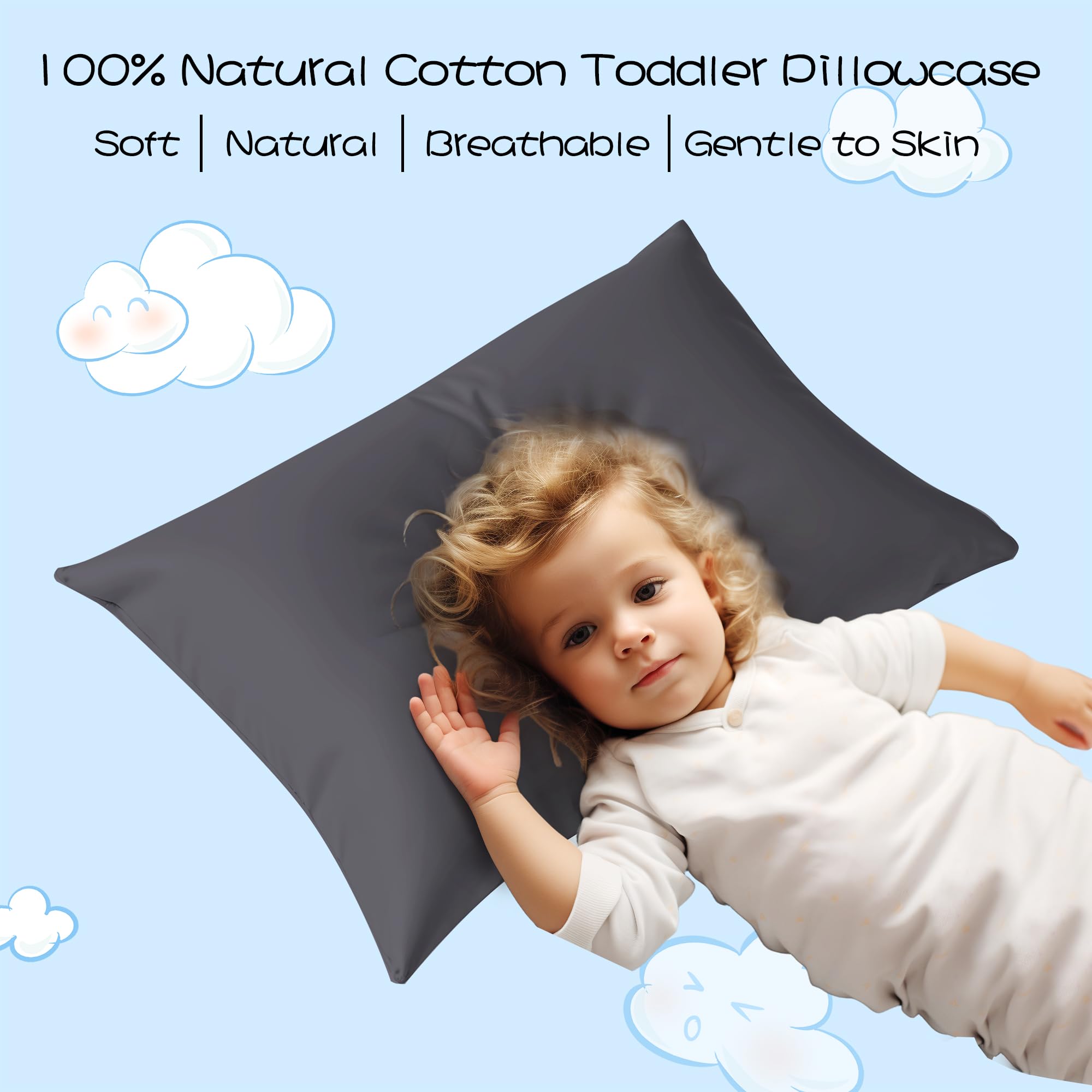 100% Cotton Soft Toddler Pillow Protectors with Invisible Zipper 13X18 Small Pillow Cases for Kids, 600 Thread Count Soft Pillow Cases, Dark Grey Color 2-Pack