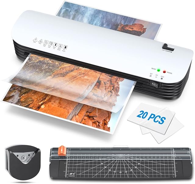 Laminator, A4 Lamiantor Machine with 20 Laminator Pouches A4 A5 A6, Cold and Hot Settings, 9 Inches Thermal Laminator Machine with Paper Cutter and Corner Rounder, Fast Warm up and No Bubbles