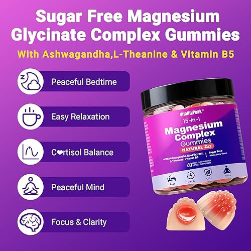Miniatura 3 de Gomitas de complejo de magnesio 15 en 1, 400 mg sin azúcar, complejo de glicinato de magnesio tranquilo con Ashwagandha, L-teanina y B5 para