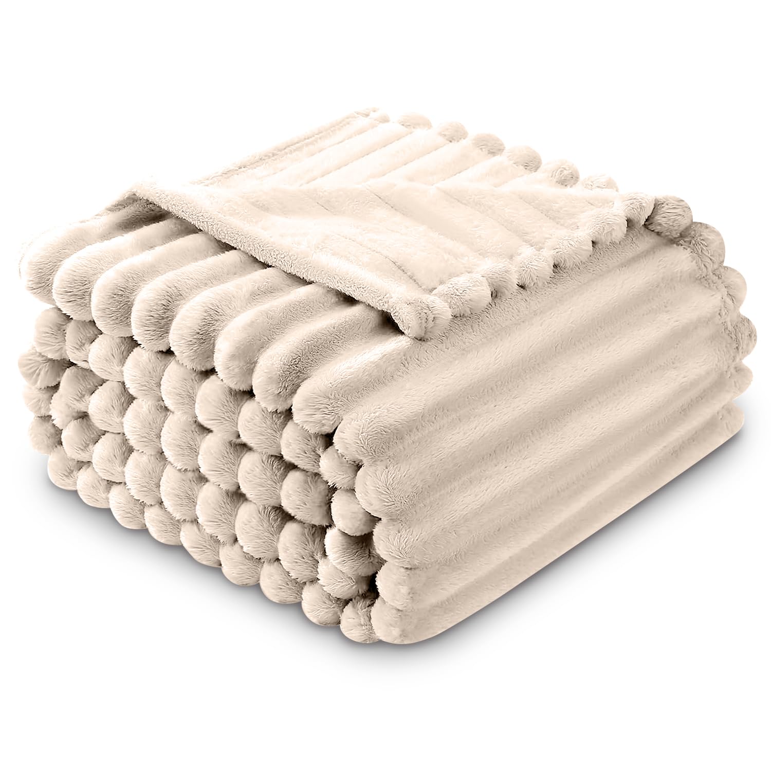 GC GAVENO CAVAILIA Fleece Blankets Double (150x200cm) - Ribbed Cosy Bed Throw Blanket - Exra Warm Throws for Sofas, Chair, Couch, Settee - Snuggle Blankets & Throws - Super Soft - Cream