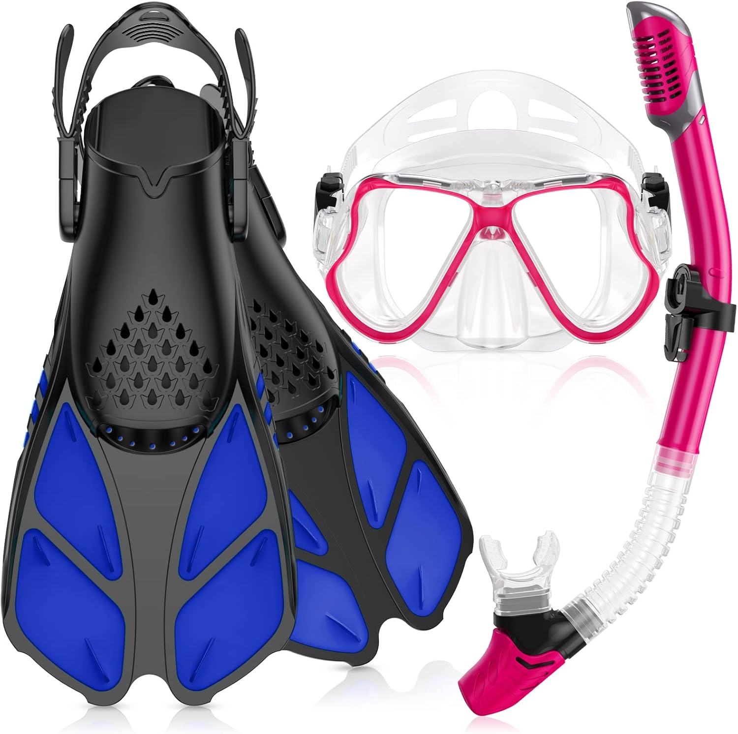 Greatever Snorkeling Gear for Adult, Mask Fins Snorkel Set Combo Ideal Gift for Swimming or Diving(Pink2-Blue-S)