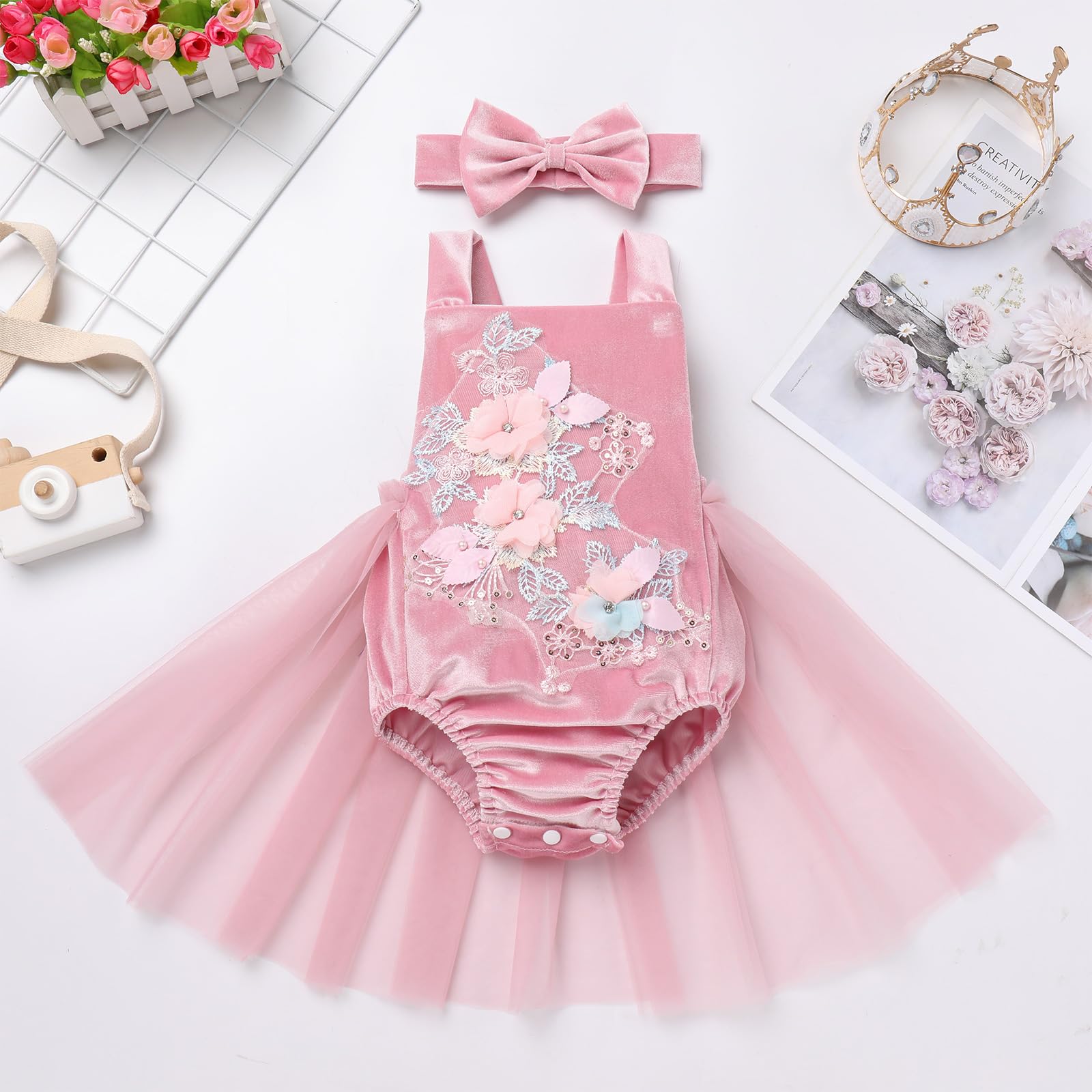 Baby Girls 1st Birthday Outfit Fall Winter Velvet Romper Ruffle Sleeveless Backless Princess Party Tutu Dress Headband Boho Embroidery Cake Smash Clothes for Photo Shoot Dusty Pink 18-24 Months