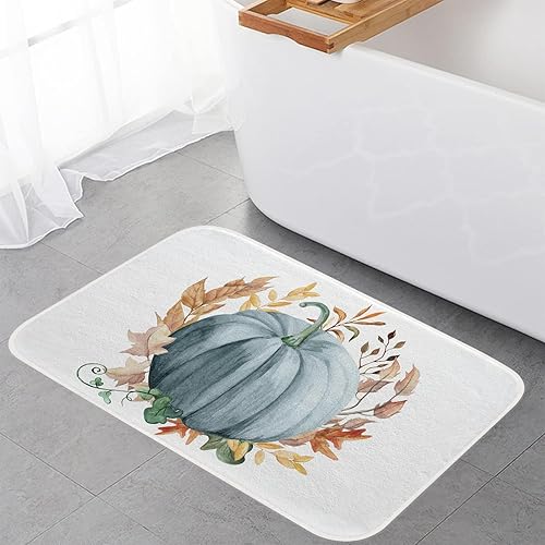 Miniatura 6 de Fukeen Alfombra de baño de otoño con diseño de calabaza azul, hojas de arce, antideslizante, 20 x 32 pulgadas, alfombra de baño suave de cosecha de
