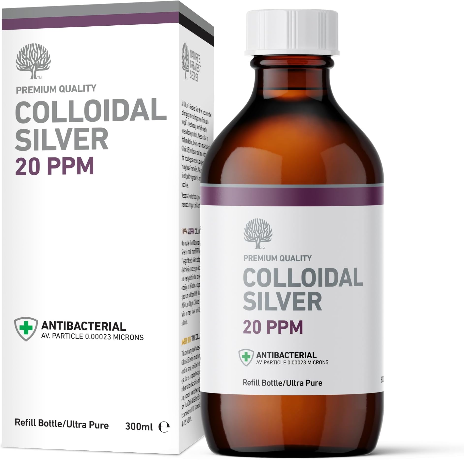 Nature's Greatest Secret Premium Quality Antibacterial 20ppm Colloidal Silver Bottle 300ml