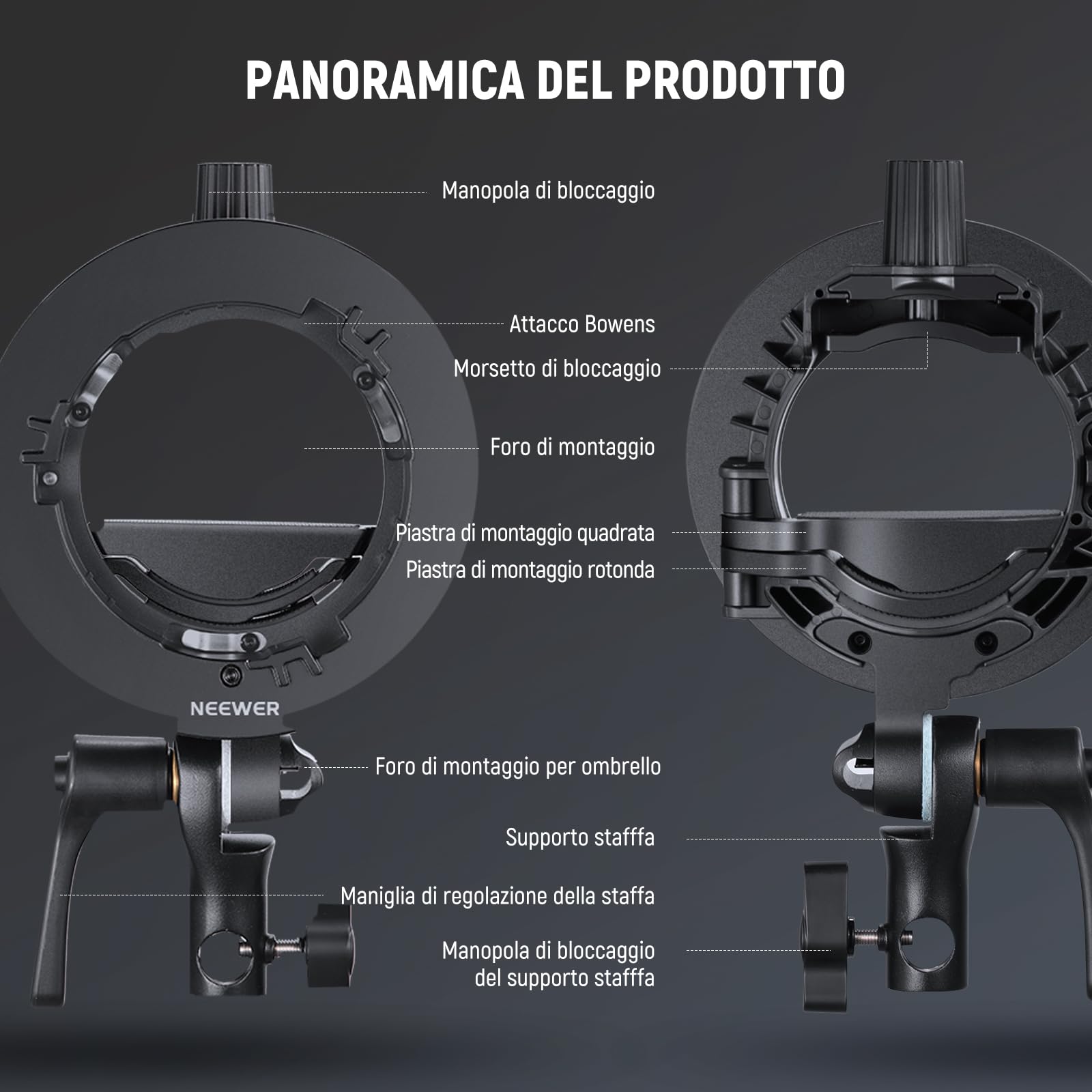 NEEWER CRB1 Supporto a Staffa Tipo S con Attacco Bowens e Foro per Ombrello per Flash Speedlite a Testa Quadrata/Rotonda Z2 Z1 Z760 NW760 NW700 TT560 Q3, Compatibile con Godox AD200Pro V1