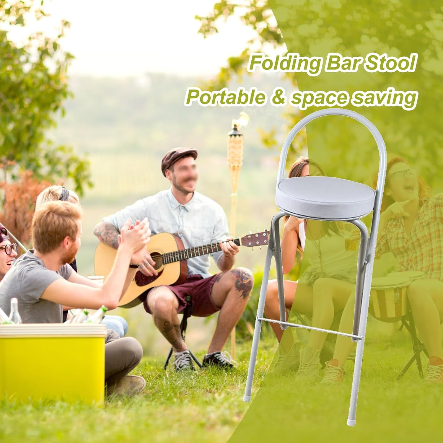 Portable Folding High Stool with Backrest, 26/28/30inch Round PU Padded Height Foldable 300lbs Capacity for Adults Kitchen Garden Shop Cafe (Color : White 1pc, Size 70cm/28i (Wh