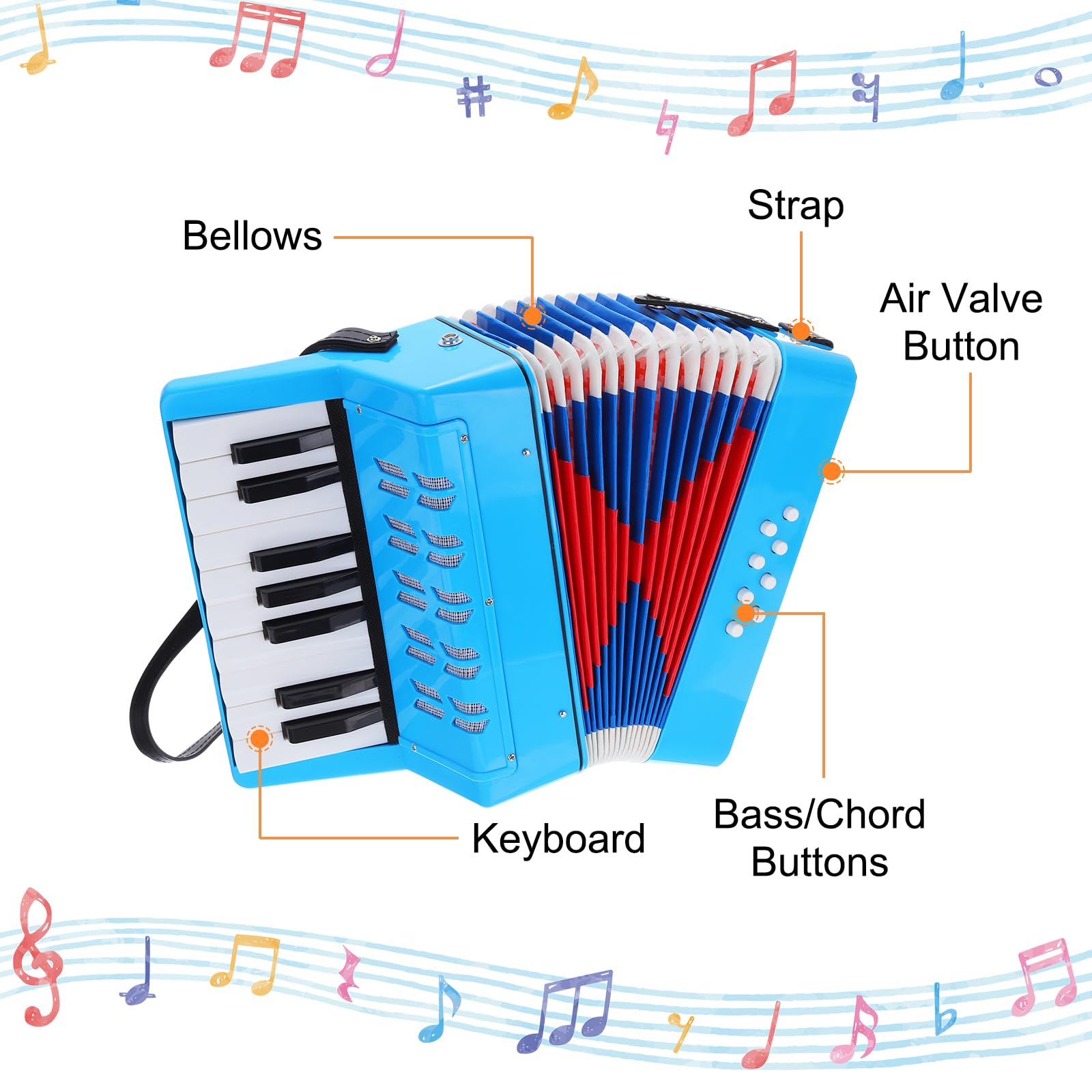 sourcing map Acordeón, 17 teclas, 8 botones de bajo, juguete de acordeón, mini instrumento musical ligero para adultos, principiantes, educativos, azul claro