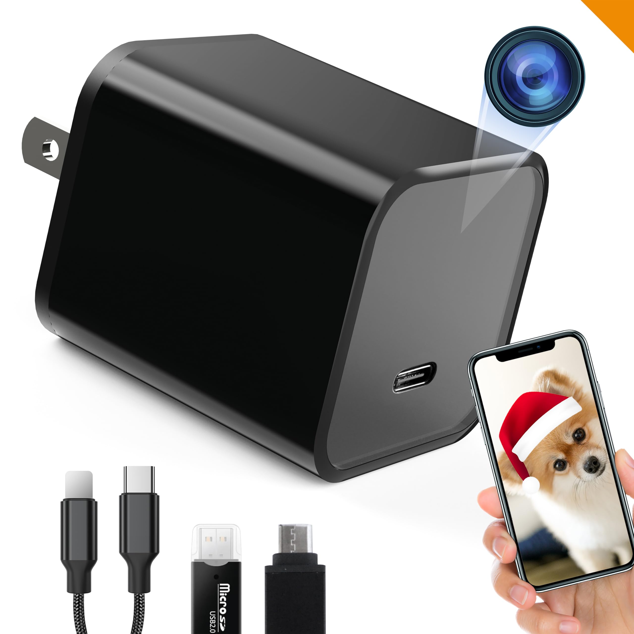WiFi Smart Camera Charger - Remote View - 2.4G/5G WiFi - Premium HD 1080P - Best Mini Camera for Pets Nanny - Real Time Monitoring - Wide-Angle 160° - iOS Android