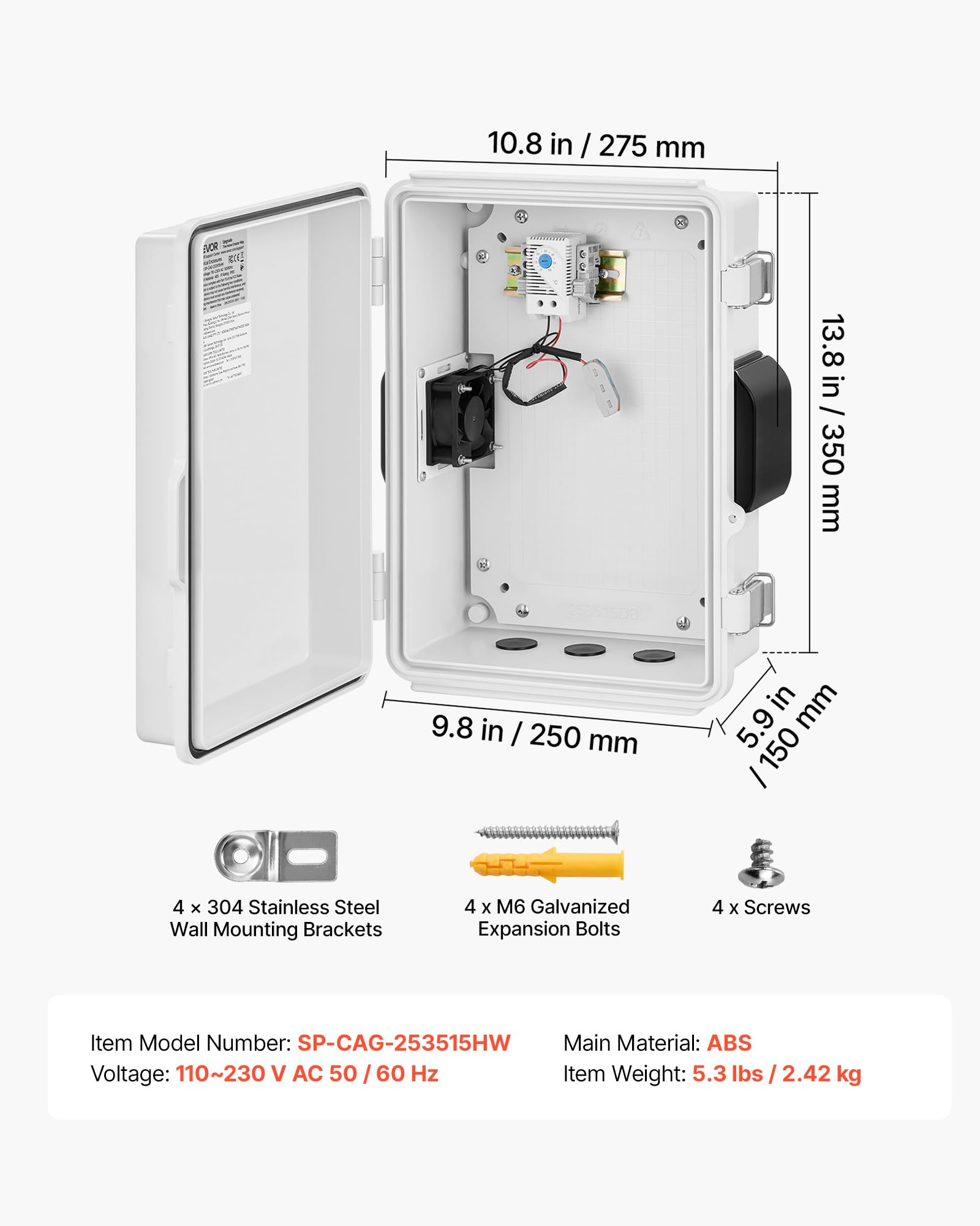 VEVOR Scatola di Derivazione da Esterno, Scatola Elettrica da Esterno in ABS Impermeabile con Termostato Ventola Piastra di Montaggio Passacavi IP65, Casa Ufficio Officina Centro Commerciale Fabbrica