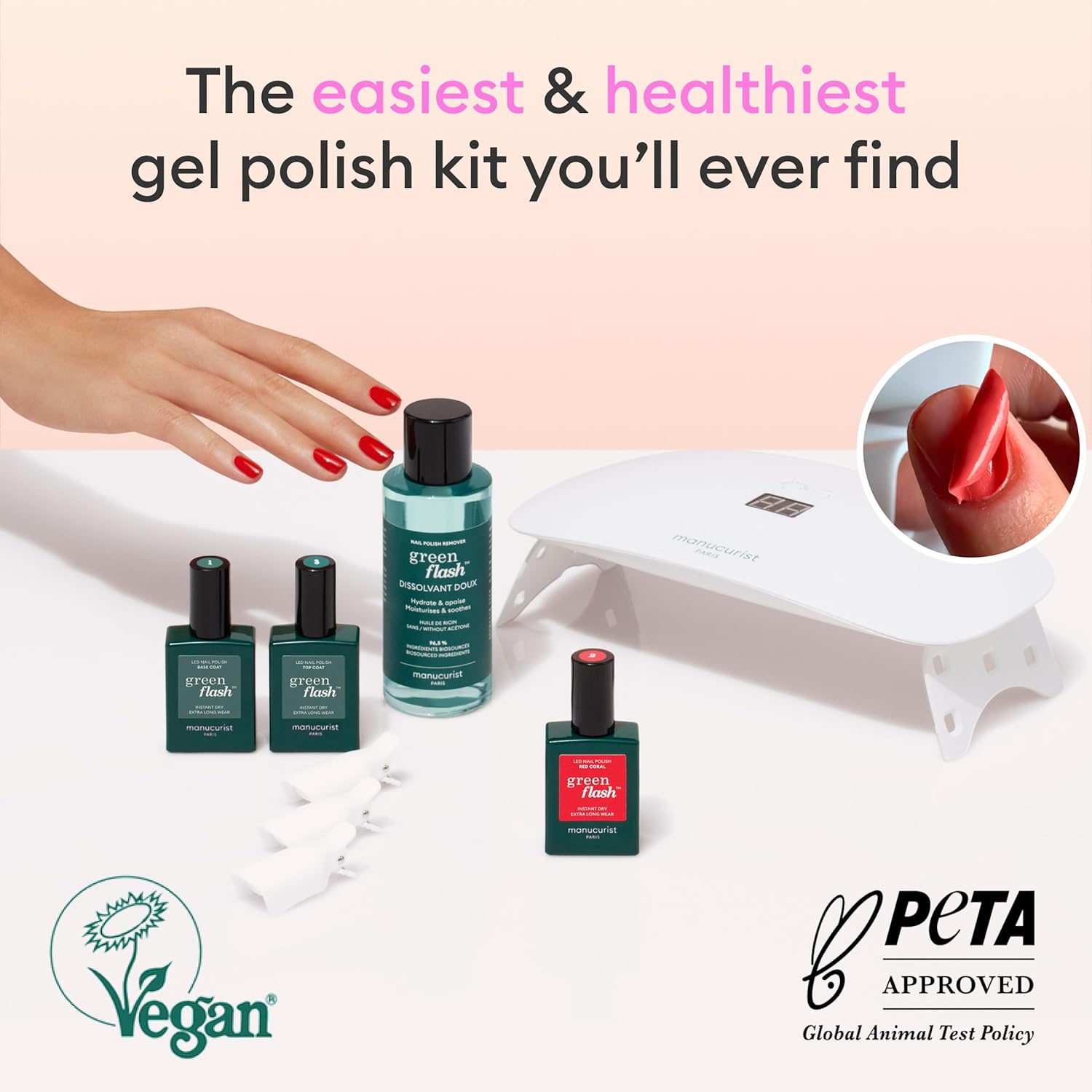 Manucurist Green Flash Slim LED Nail Gel Kit Gift Box : 24W LED Lamp, Base Coat, Top Coat, Dark Pansy Polish, Polish Remover & Clips - Gel Nail Kit with UV Light - Manicure Set