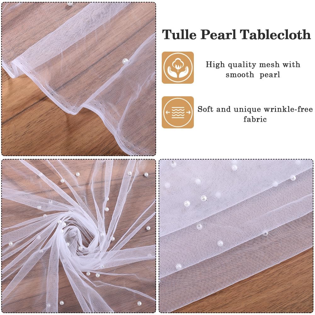 GORGECRAFT 4 Yards x 160cm Pearl Beaded Tulle Fabric White Lace Fabric Soft Mesh Net Table Cloth for Bridal Veil Party Dresses Bows Making DIY Sewing Crafts Home Backdrop Wedding Arch Decorations