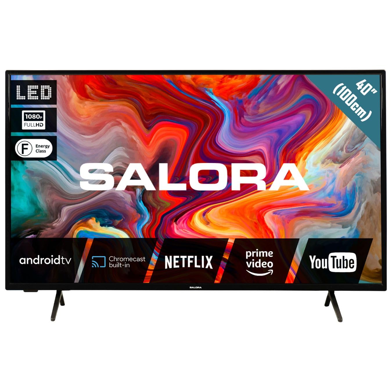 SALORA SMART40TV– TV Android avec écran LED Full HD 40 Pouces, HDR10 et HLG, Wi-FI, Bluetooth, 3X HDMI, Tuner DVB-T2/S2, Commande vocale, Classe énergétique F, TV LED compacte pour la mai