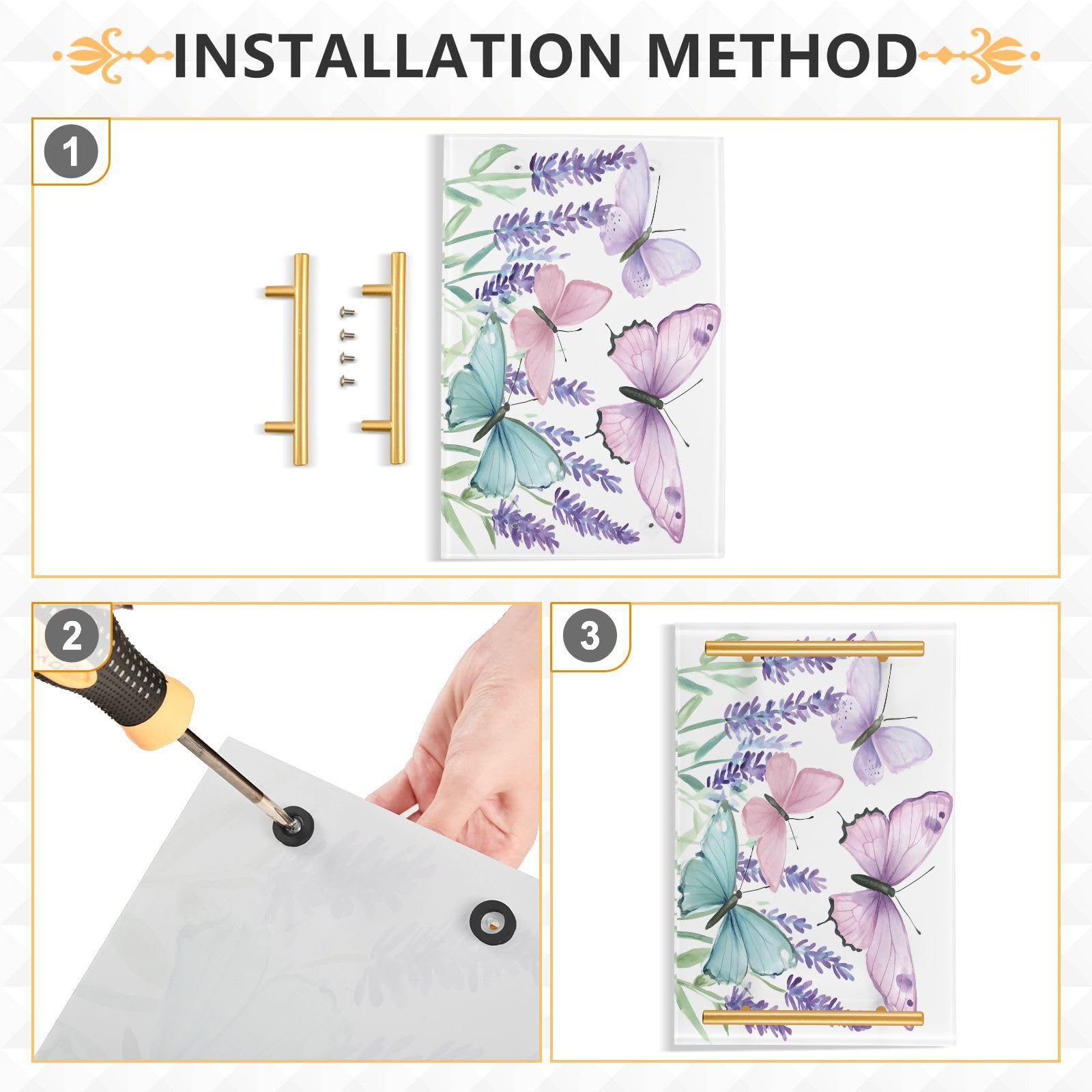 BOESI Watercolor Flower and Butterfly Tray, Tray with Handles, Countertop Organizer, Decorative