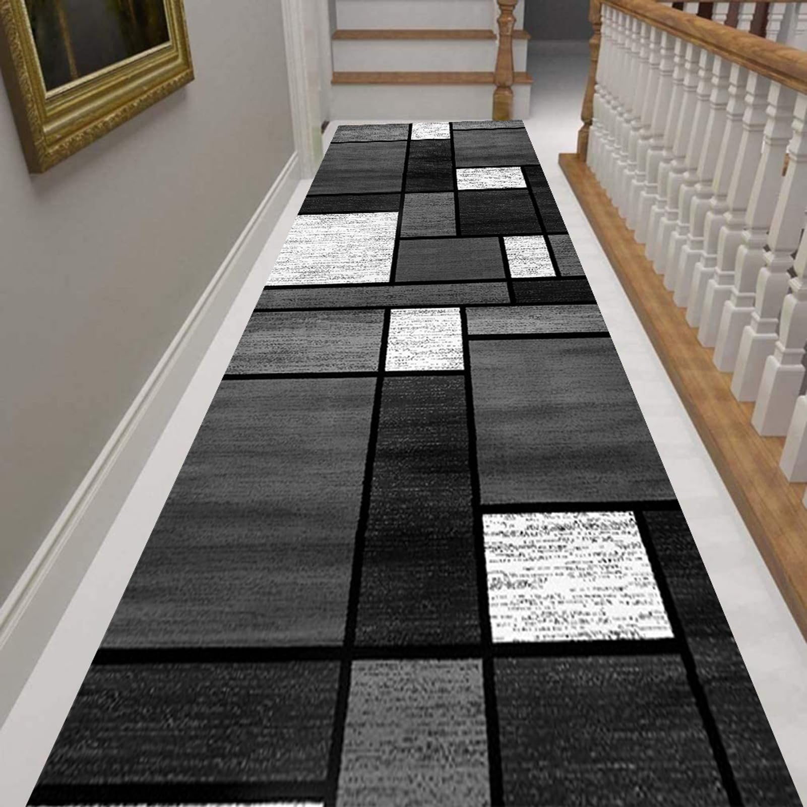 Moderno Geometrico Tappeto Passatoia Cucina 2.5 Metri Antiscivolo Lavabile Grigio nero Tappetino Runner Tappeti Runner per Salotto Corridoio Ingresso, Larghezza 40-140cm,80X250CM