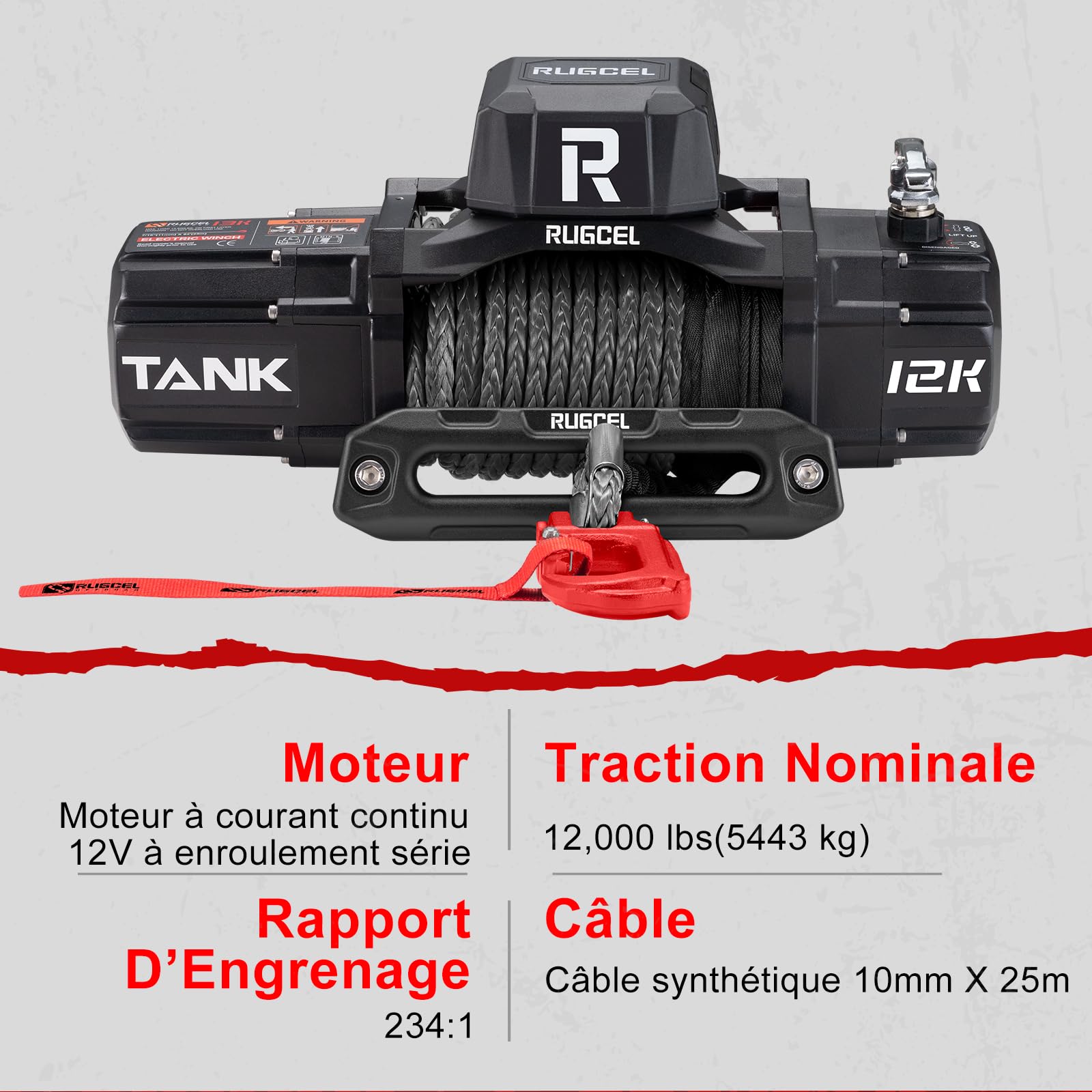 RUGCEL WINCH Treuil Électrique 5443 kg (12000 LBS), 12V CC, IP67 Étanche, Corde Synthétique Φ10,0mm x 26m, Télécommande Sans Fil & Filaire, pour 4x4 SUV Tout-Terrain Jeep Camion Remorque