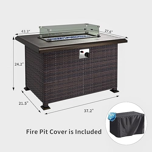 Miniatura 4 de ASJMR Mesa para fogata de propano de 43 pulgadas, 55,000 BTU, hoguera de gas con protector de viento de vidrio y tapa de metal, certificación CSA