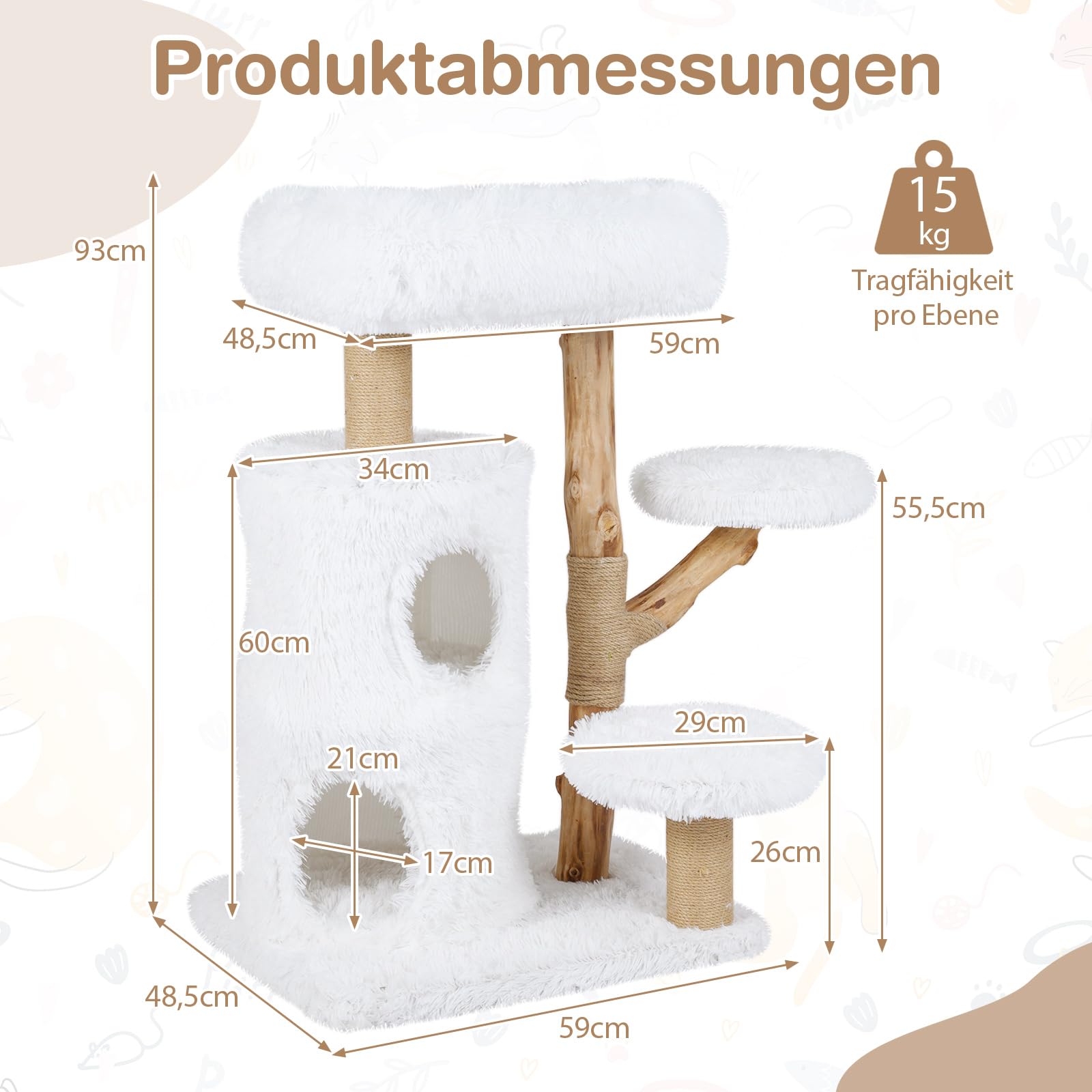 GOPLUS Drapak drewniany, 93 cm z 2 jaskiniami, pień do drapania z naturalnej juty, 3 platformy, masywne drewniane podparcie i miękkie poduszki, drzewko wspinaczkowe dla kotów, meble dla kotów do