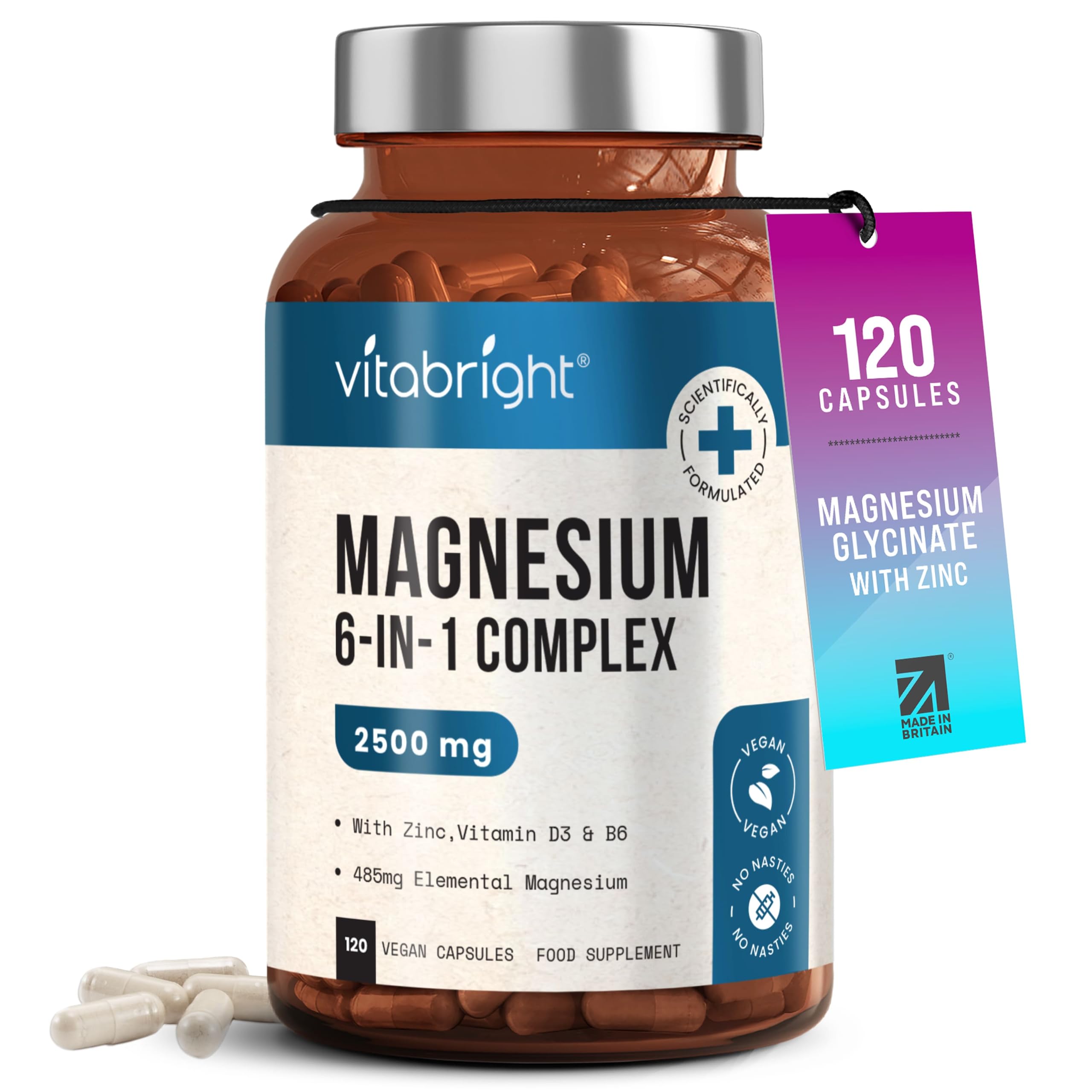 VitaBright Magnesium Glycinate Complex 6-in-1 | 2500mg, 485mg Elemental | 120 Caps | Glycinate Tablets, Zinc, Vitamin B6 & D | High Strength Magnesium Supplements for Women | ZMA Supplements for Men