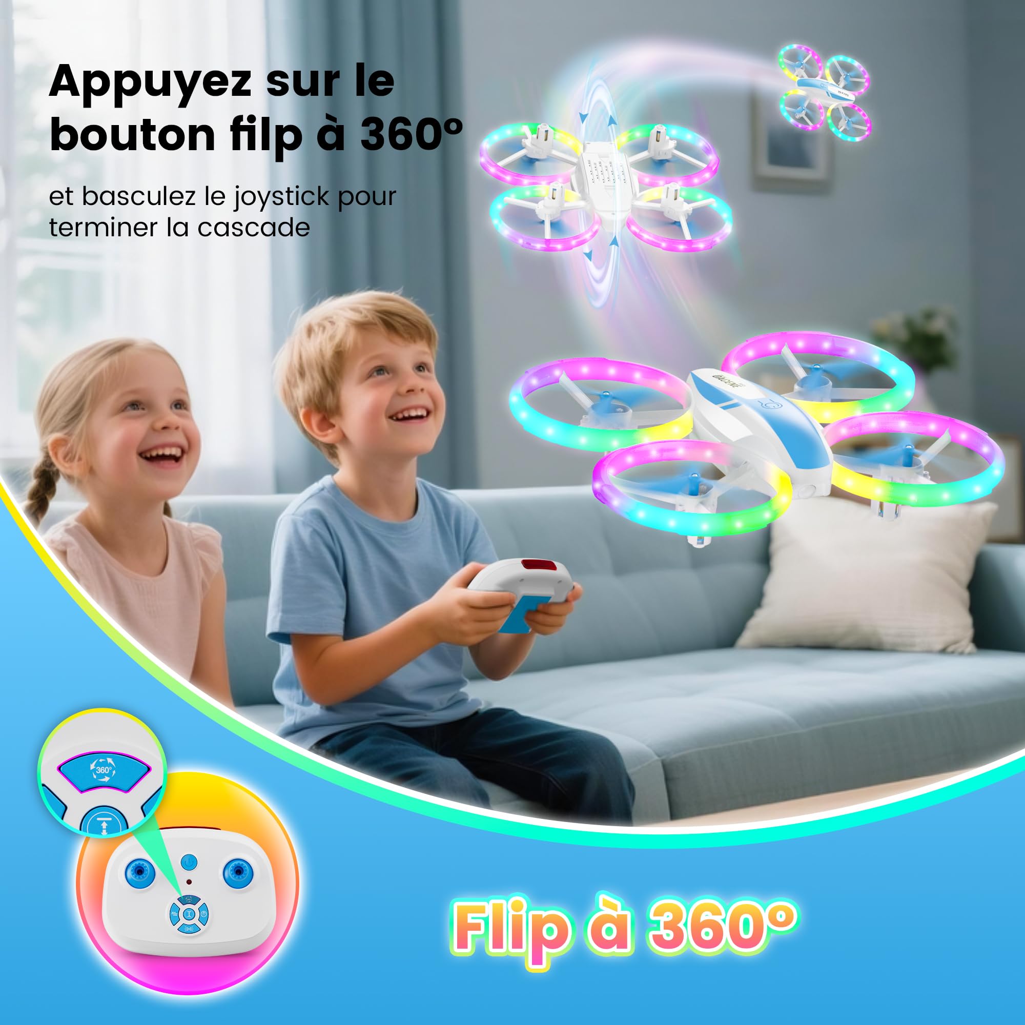 Drone Enfant Mini Avion Télécommandé avec Lumières LED 360°Rotation 2 Batteries Jouet Cadeau pour Garçons et Filles Bleu