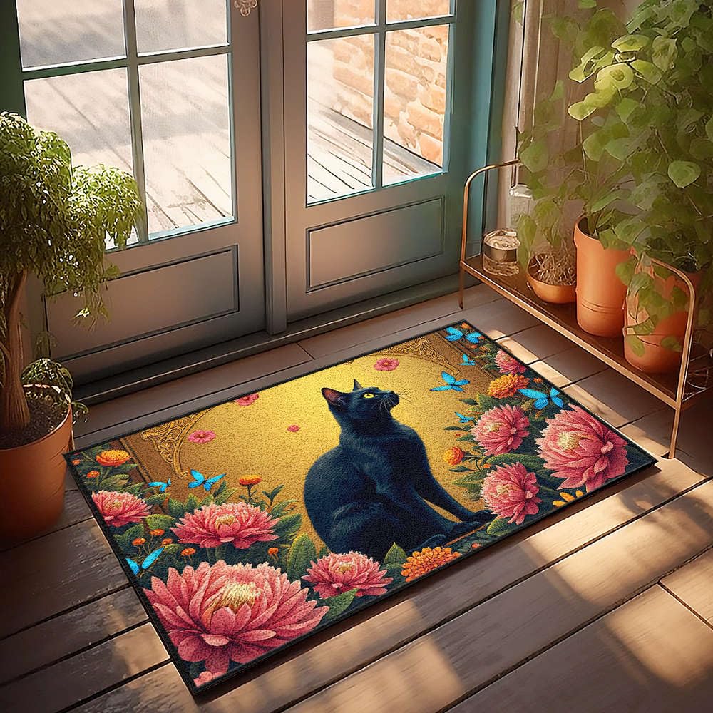 Paillasson chat noir et papillons pour déco de chambre de garçon
