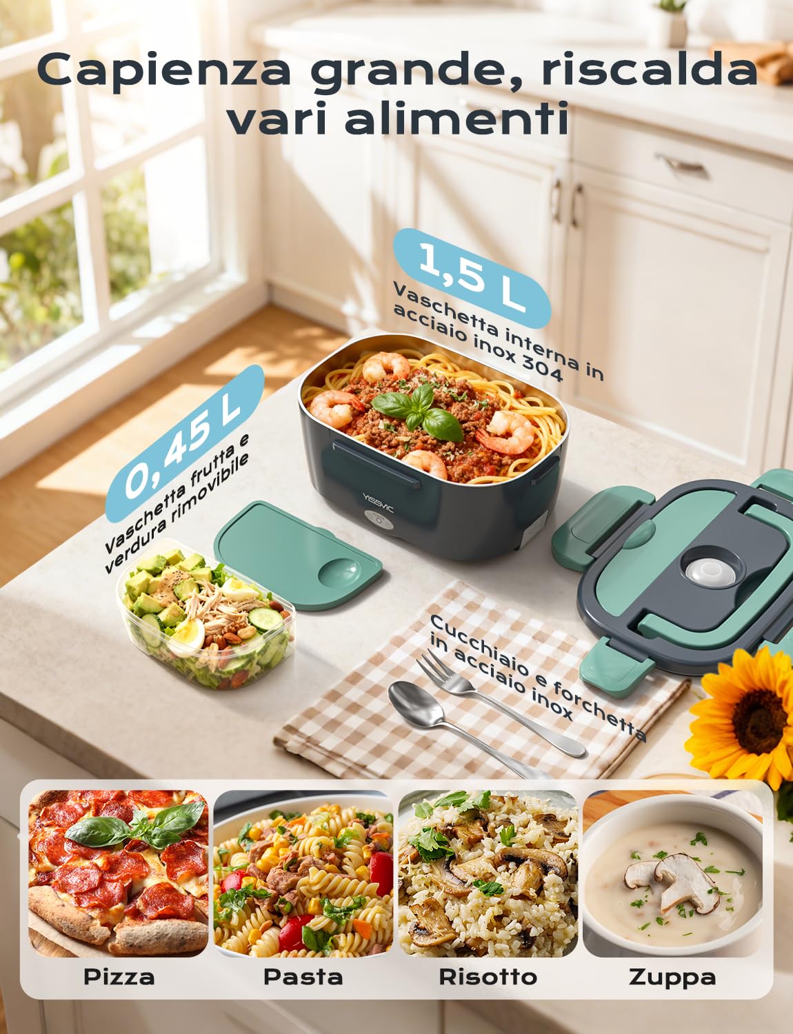 YISSVIC Scaldavivande Elettrico Portatile 1.5L con Borsa Pranzo - 4 in 1 (12V/24V/220V) 60W, Acciaio Inox, Forchetta e Cucchiaio Inclusi - Ideale per Auto, Ufficio e Viaggi