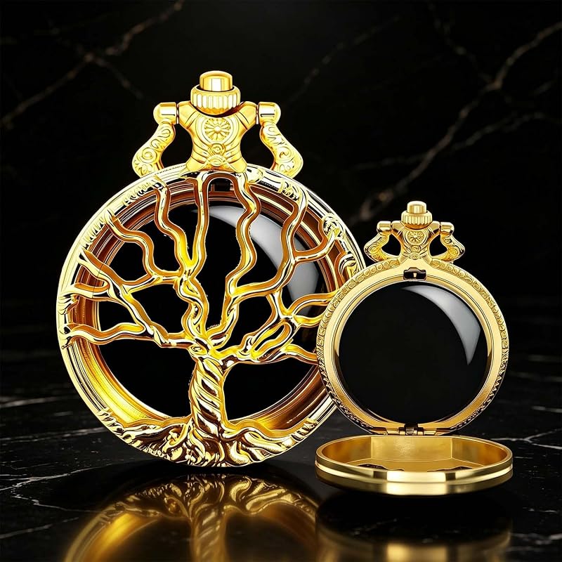 Espelho compacto redondo Kchss em obsidiana preta com design Árvore da Vida dourado e corrente
