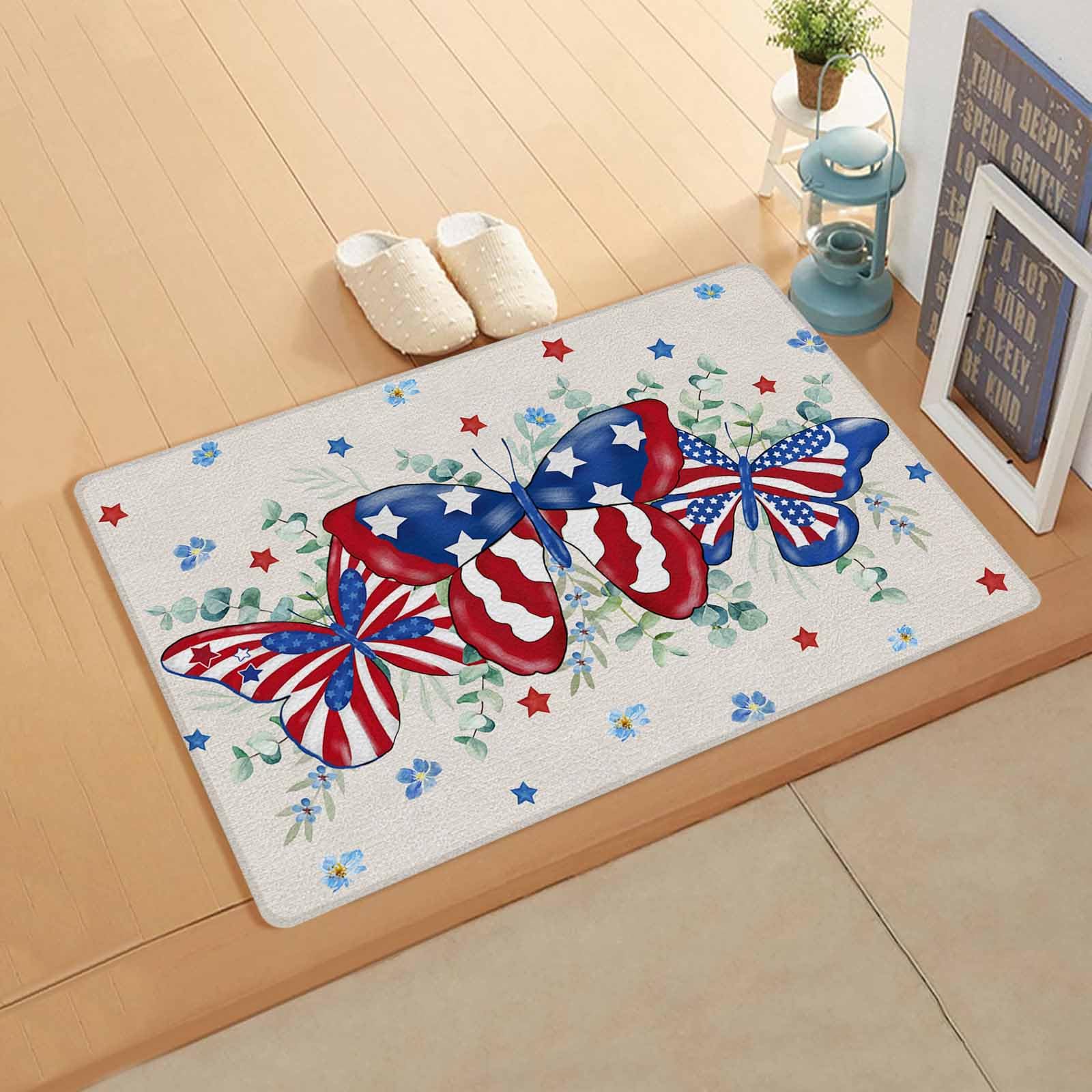 Watercolor Eucalyptus Antifatigue Kitchen Bath Door Mat Cushioned Runner Rug,Washable Welcome Floor Sink Mat,Waterproof & Non-Slip Standing Doormat for Kitchen,Blue Flowers Star Stripes Flag 18
