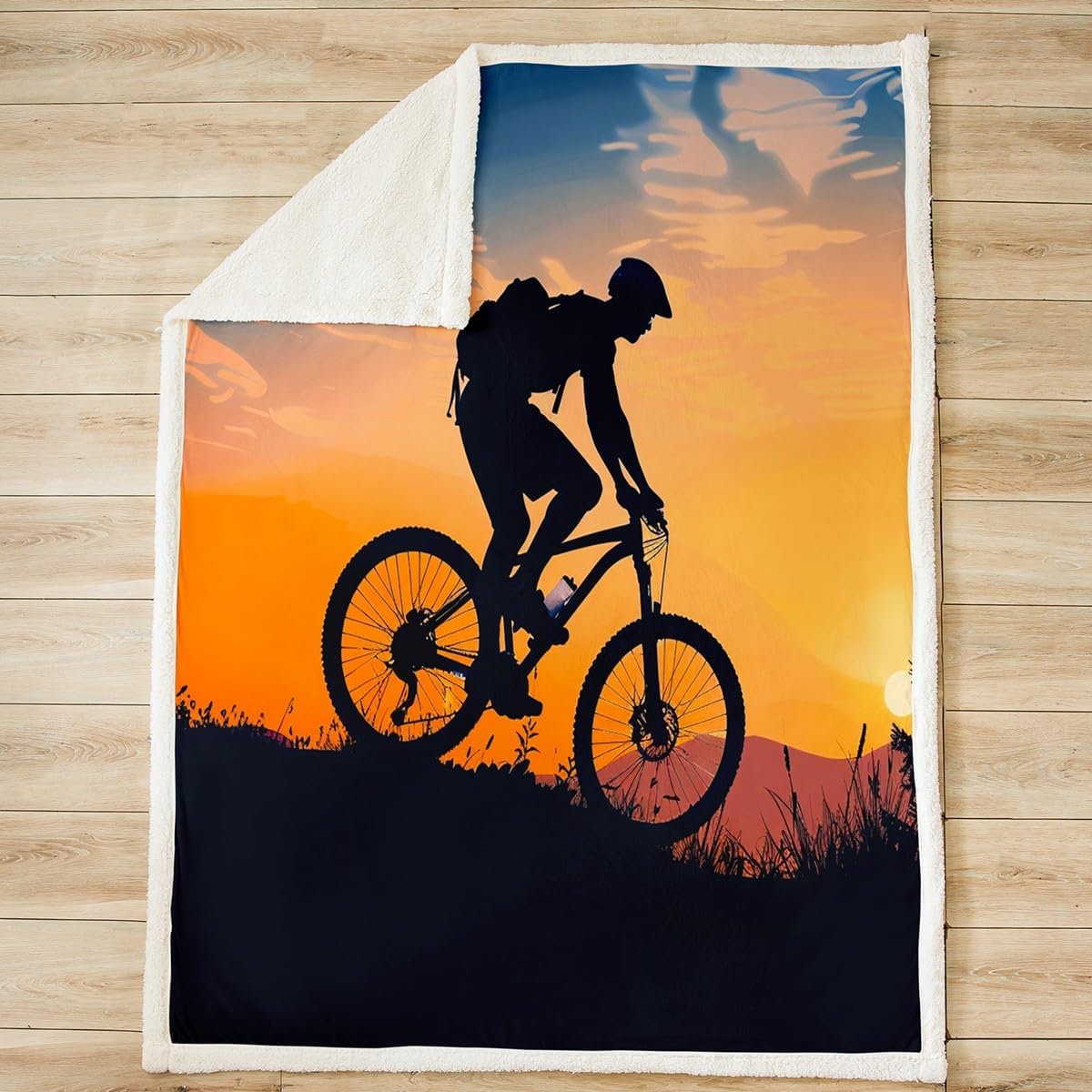 Mountain Bike Sherpa Blanket Extreme Sport Theme Fleece Throw Blanket for Kids Boys Girls Cool 3D Dirt Bike Decor Plush Blanket Bicycle Rider Fuzzy Blanket for Sofa Bed Couch,Twin 60x80 Inches