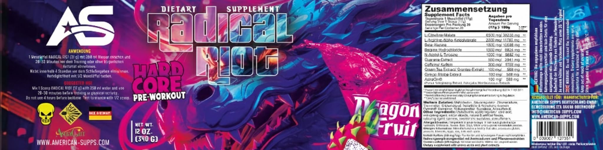 American Supps® PREMIUM Pre Workout Booster [340g] - Drachenfrucht - 300 mg Koffein + Beta Alanin + L Citrullin Malat