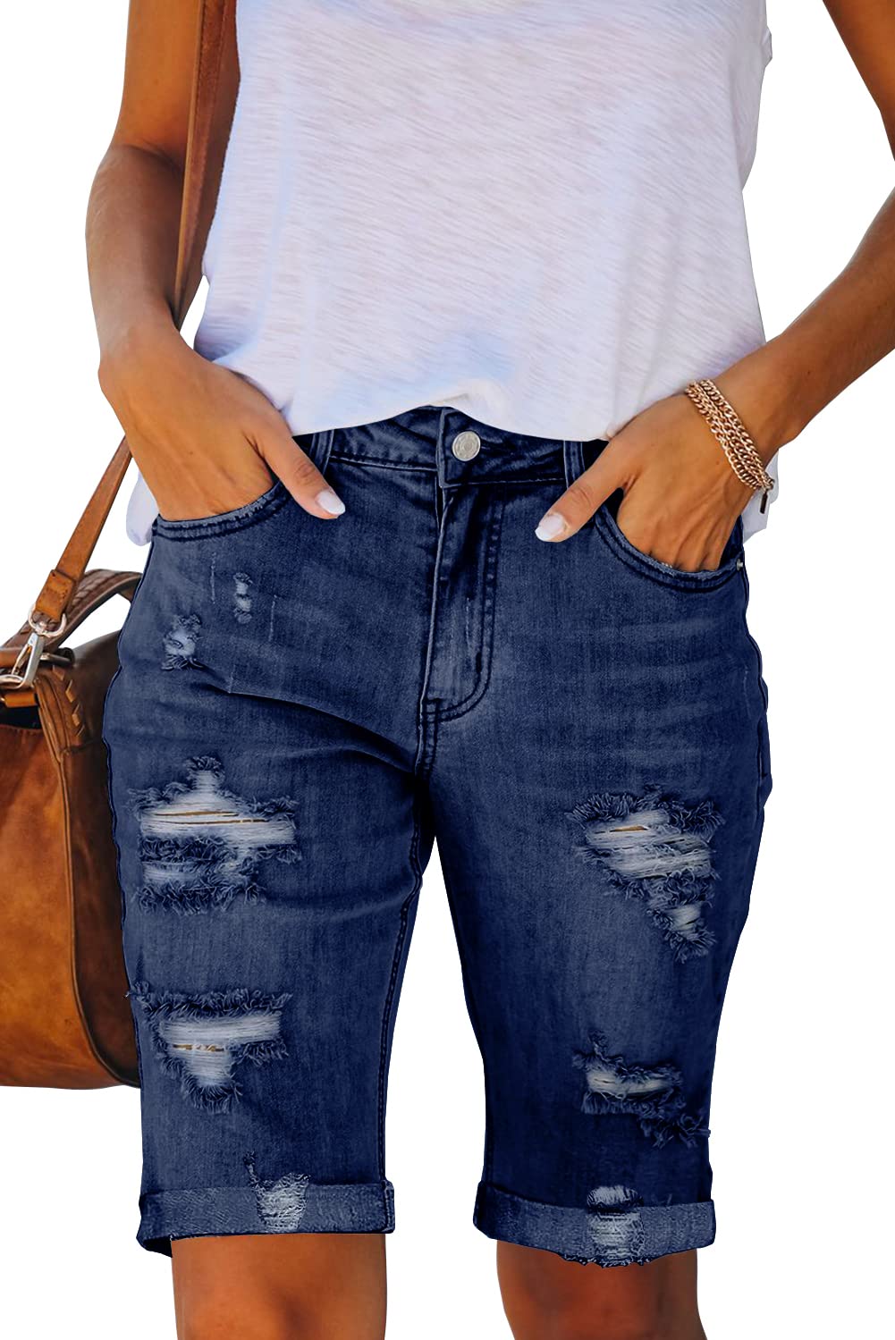 Necooer Damen Sommer Casual Denim Shorts Doppelknopf Zerrissene Jeans Aufgerollt Stretchy Hot Short(S,09-Blau)