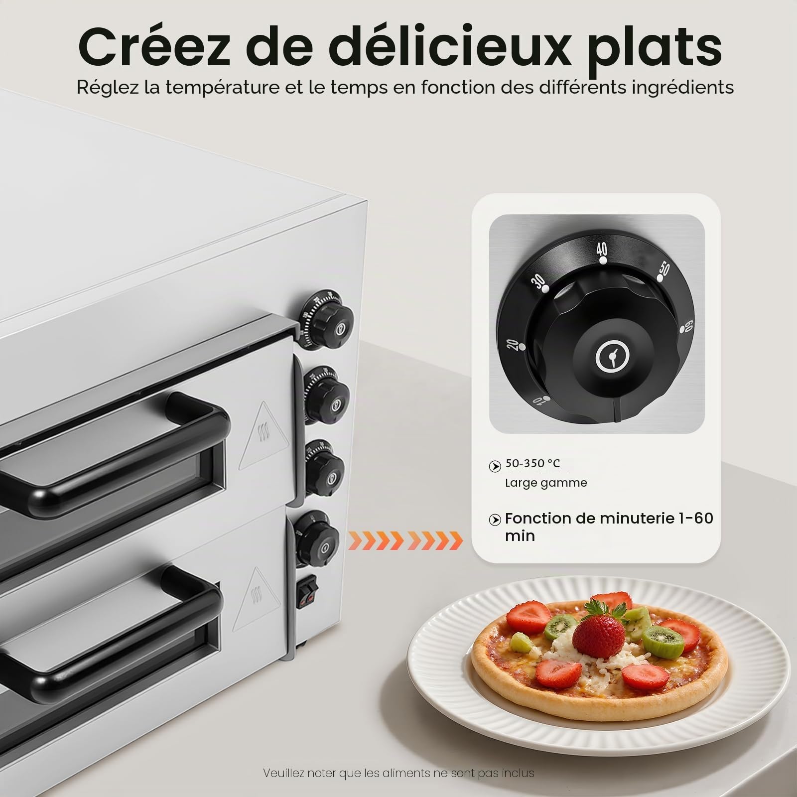Four à pizza électrique, 3000W Double couche Mini Four à pizza électrique, Four à pizza pour la restauration, four à gastro 50-350℃