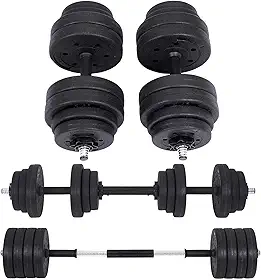 SONGMICS Conjunto de Halteres 2 em 1, 2 x 15 kg Halteres Ajustáveis com Barra Adicional, Anilhas Revestidas de Plástico, Exercício Fitness, Academia em Casa, Preto Tinta BRSYL30HBK