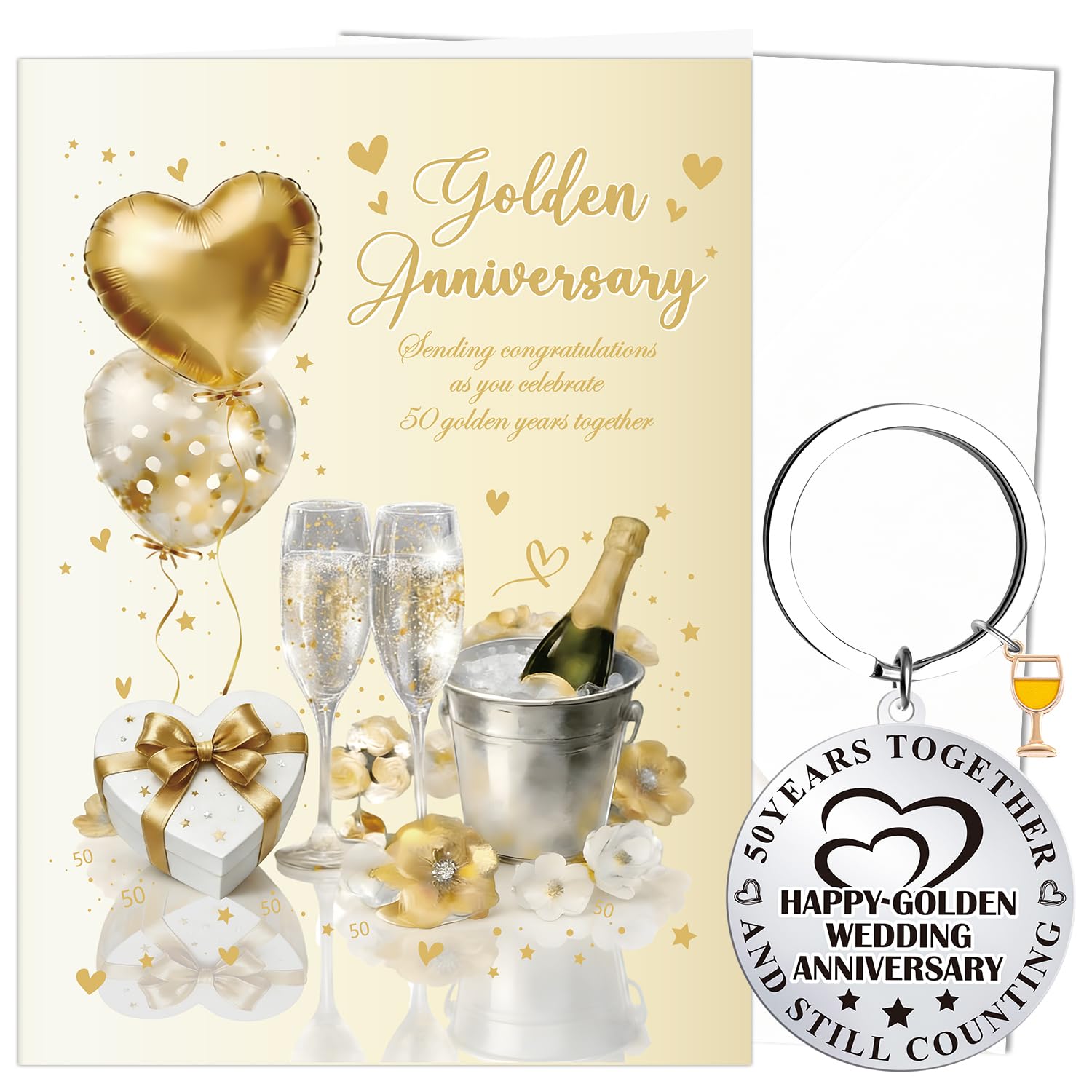 Luvart 50th Wedding Anniversary Card Gift - Golden Wedding Anniversary Greeting Card with Keychain Happy 50 Years Marriage Gifts for Parents Friends Him Her Spouse Couples