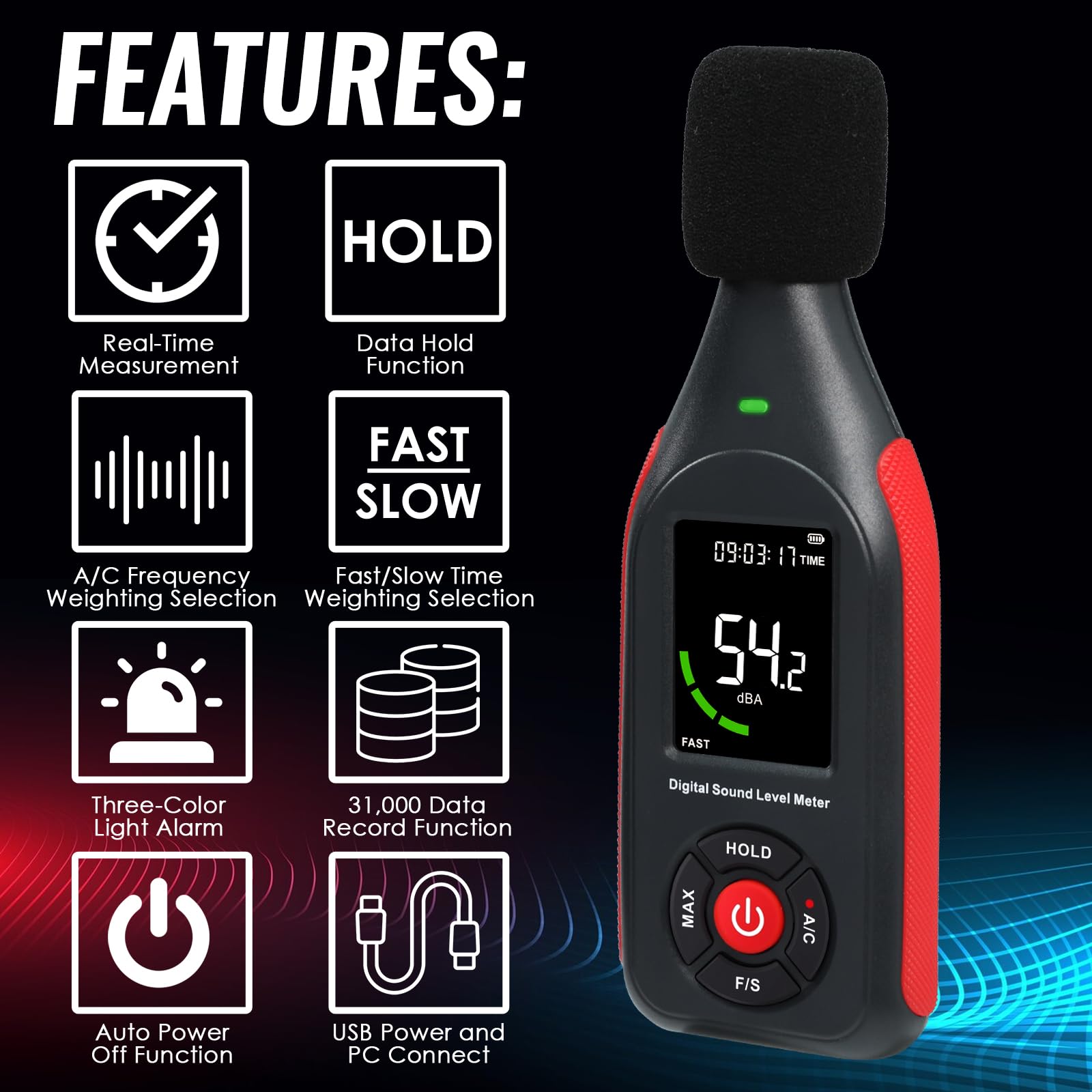 Misuratore di rumore acustico Misuratore di livello sonoro Misuratore dB SPL Misurazione del rumore ambientale in tempo reale, frequenza A/C 31.000 registrazioni di dati Misuratore di decibel.