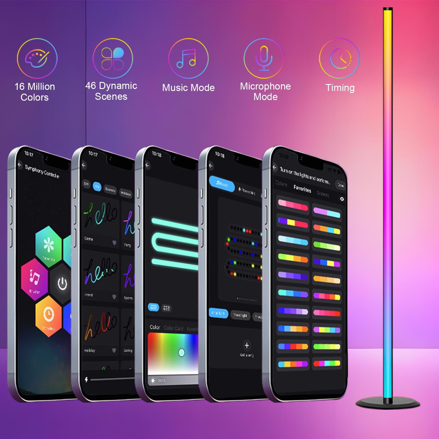 Lampade da Terra,RGB Dimmerabile Lampada da Terra LED con Telecomando e APP,16 Milioni di Colori,Sincronizzazione Musicale, 46 Modalità Scen,Lampada da Terra Angolare per Camera,Soggiorno,Nero