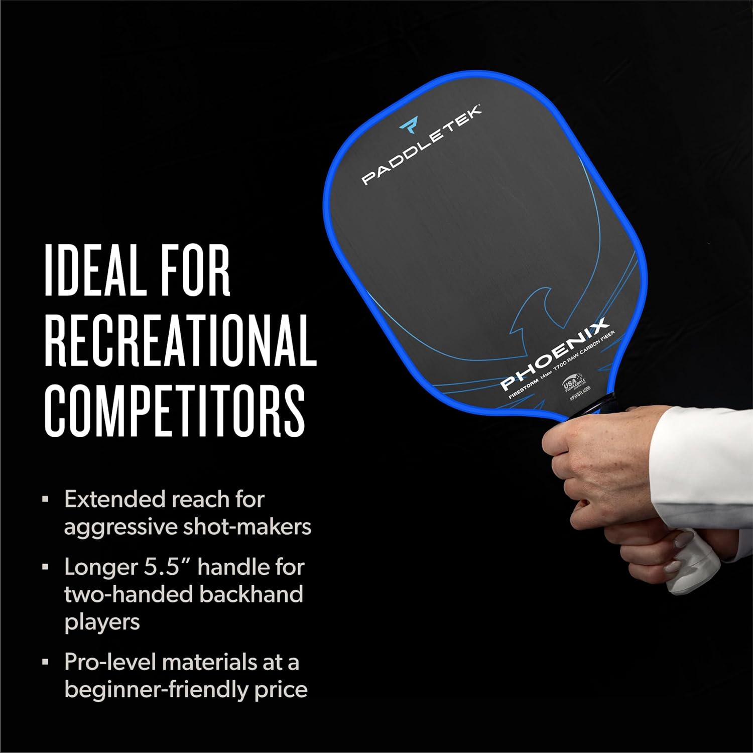 Paddletek Phoenix Firestorm – 14mm Pickleball Paddle – Elongated Shape for Extended Reach – Raw Carbon Fiber Face – Polypropylene Honeycomb Core – USAPA Approved Pickle Ball Paddle – 5.5 Inch Handle