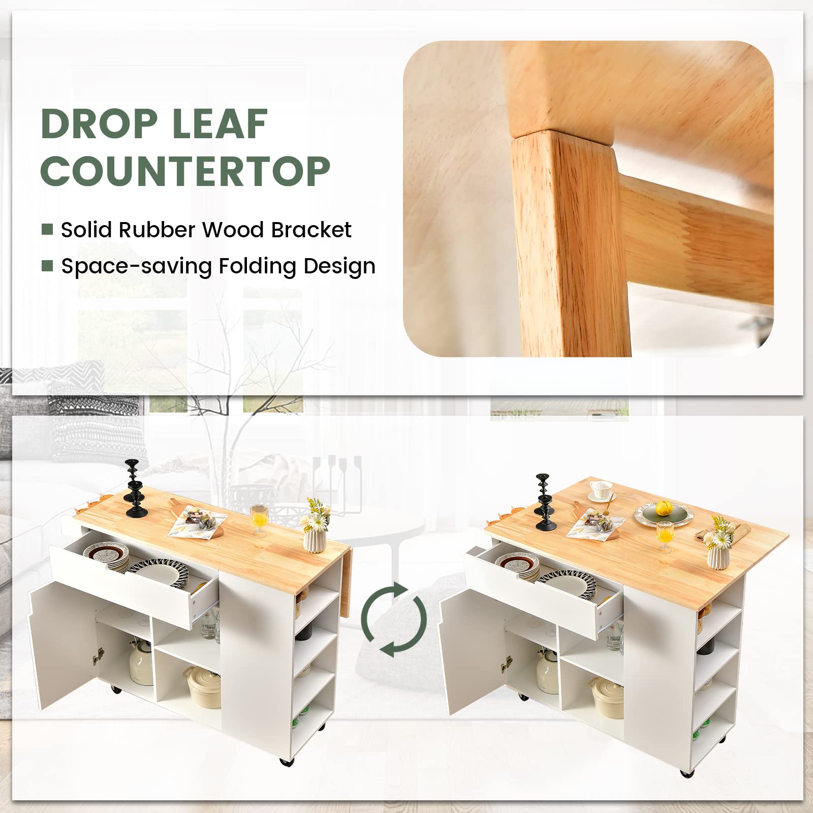 GIANTEX Carrito de Cocina con Isla, Carros de Servicio Rodante de Madera con Hoja, Cajón, Toallero y Portaespecias, Multiusos con Ruedas para Cocina y Comedor (Blanco)