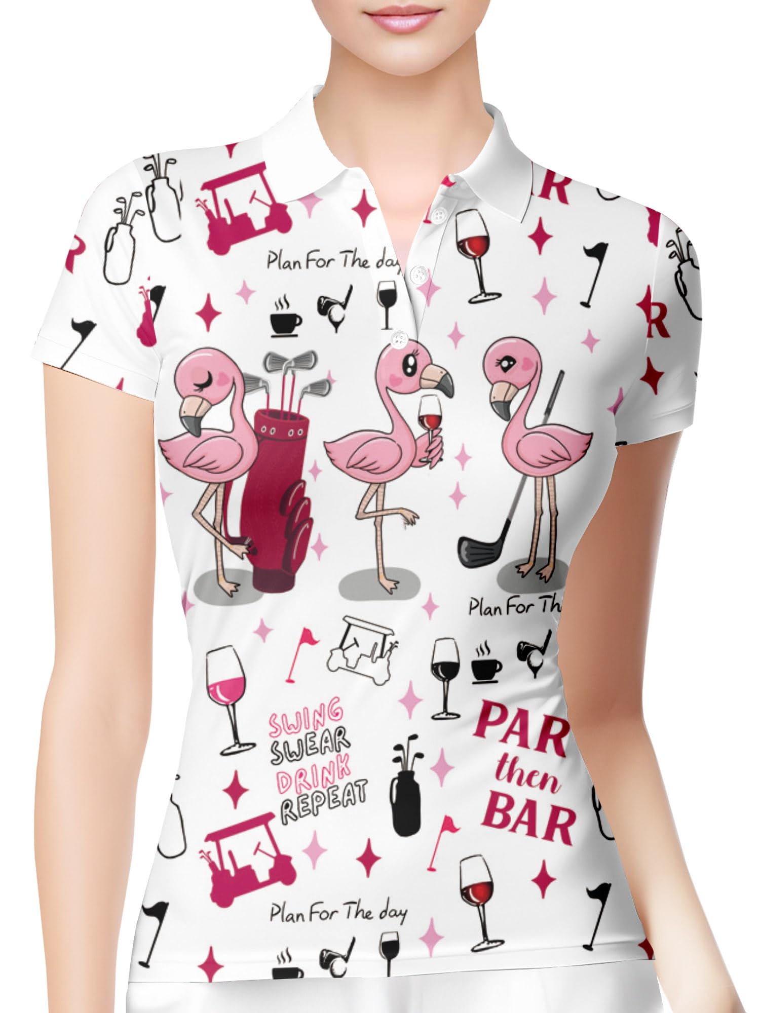 HIVICHI Funny Golf Shirts for Women Flamingo Wine Crazy Cute Print Womens Polo Shirt, Medium, Aop-wpol-36998
