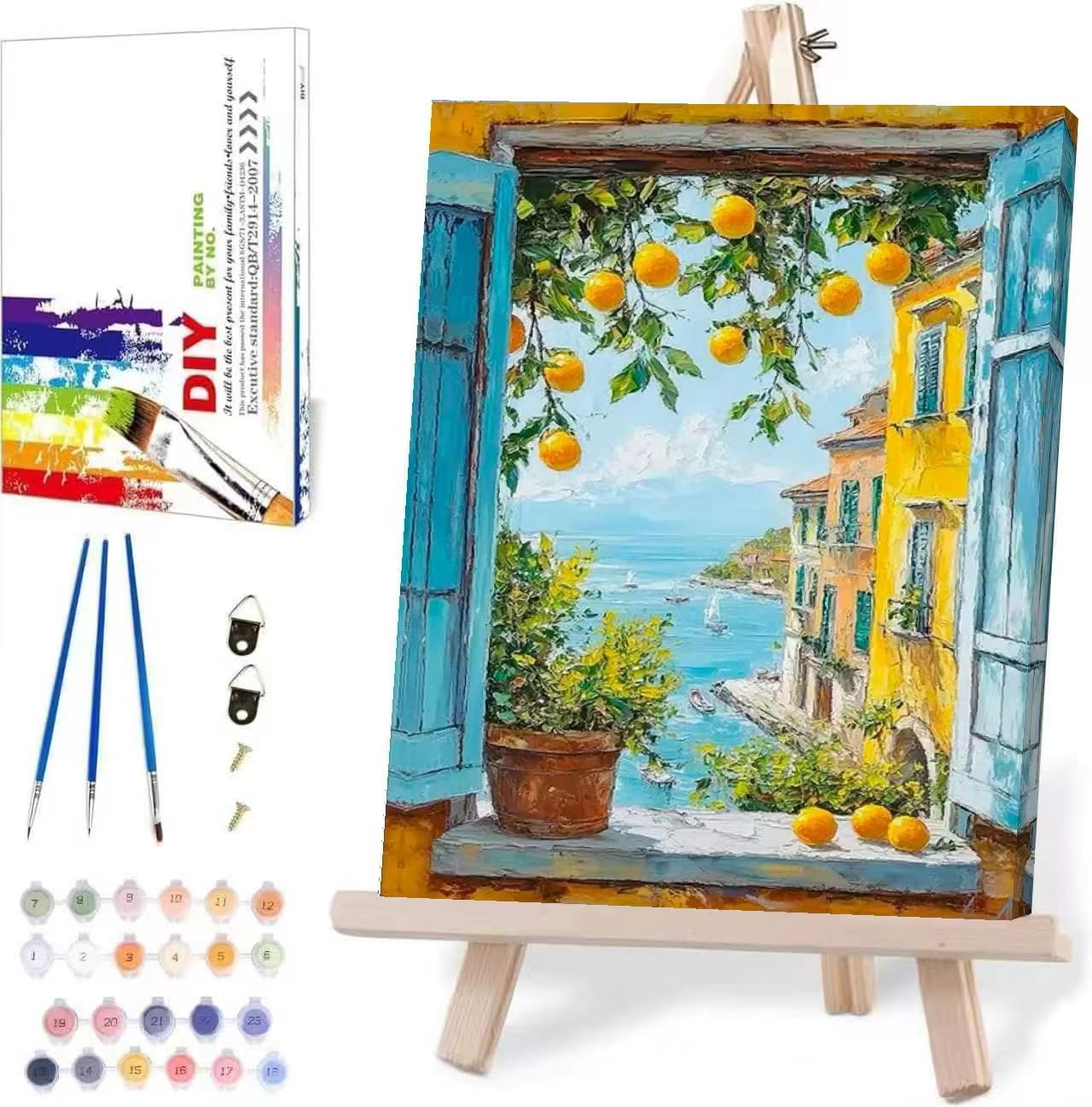 Mrnsiet Paint by Numbers for Adults with Framed Canvas-with Wooden Easel,Lemon Tree Paint by Number Kits with Brushes,Flowers and Sea Oil Painting Kits with Nice Gift Box for Wall Decor 12X16 Inch