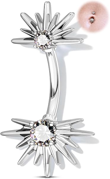 OUFER 14G Or Soleil Percing au Nombril en Acier Chirurgical 316L, Piercing de Ventre avec Clair CZ Ronds et Rayons Lumineux, Bijou de Corps 10 mm pour Femme - 1
