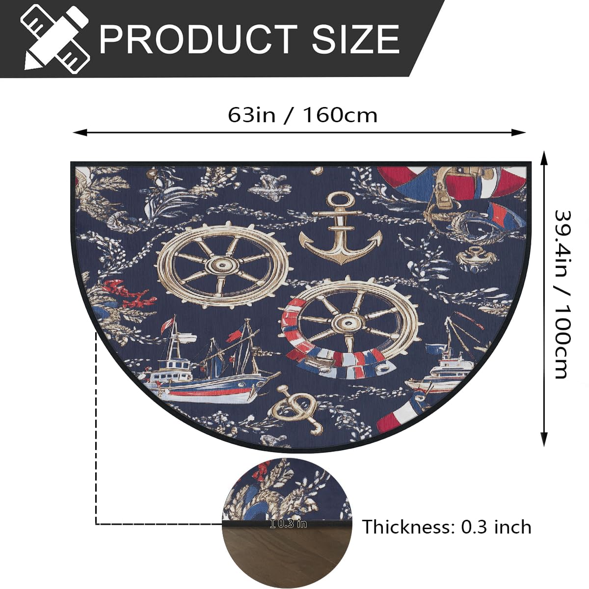 Mexpekil Paillasson bateau en demi-lune pour intérieur et extérieur - Tapis de sol antidérapant - Lavable - Attrape la saleté - 100 x 160 cm