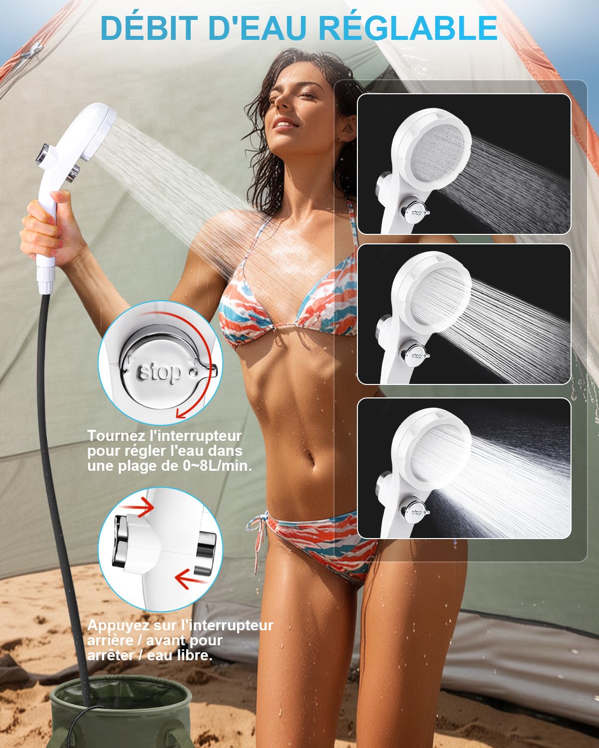 Douche portable 12 V pour camping, pompe à eau