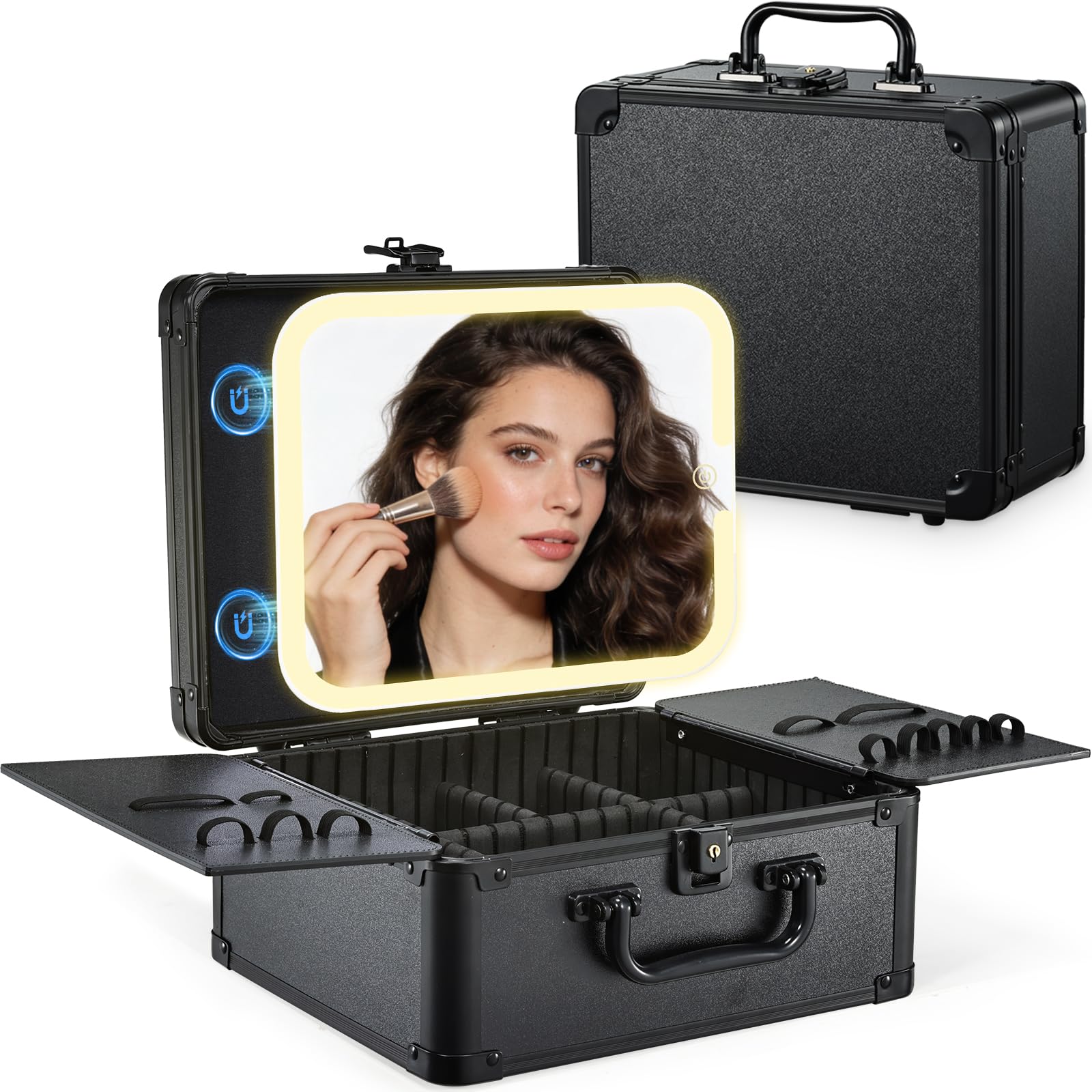 Make-up-Koffer mit LED-Spiegel, Reise-Schminkkoffer, Make-up-Organizer-Box, Schwarz , Modern, funktional