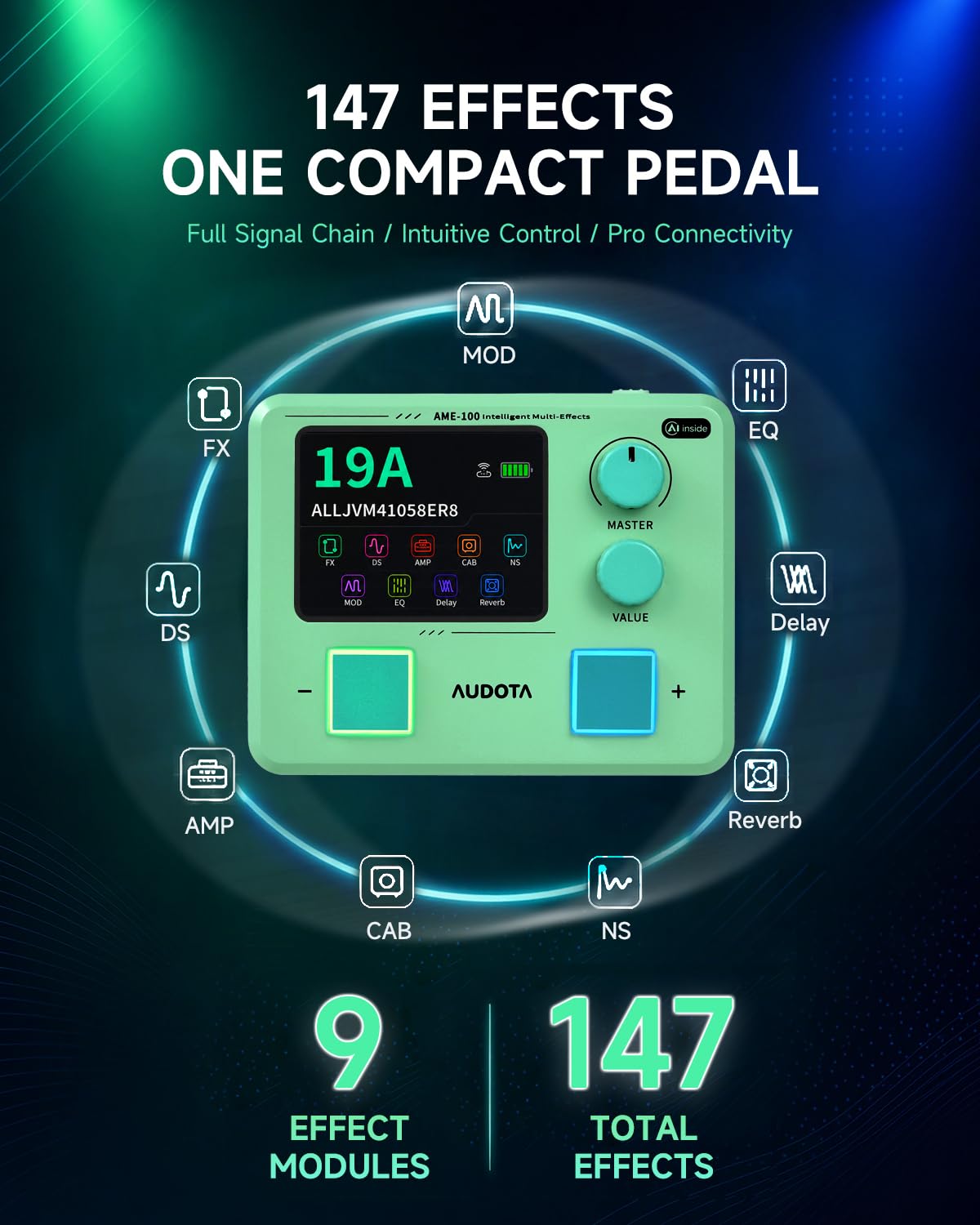 AME‑100 Multi‑FX Prozessor für E-Gitarre – mit KI, 147 Effekte, 55 Amp Models, IR Support