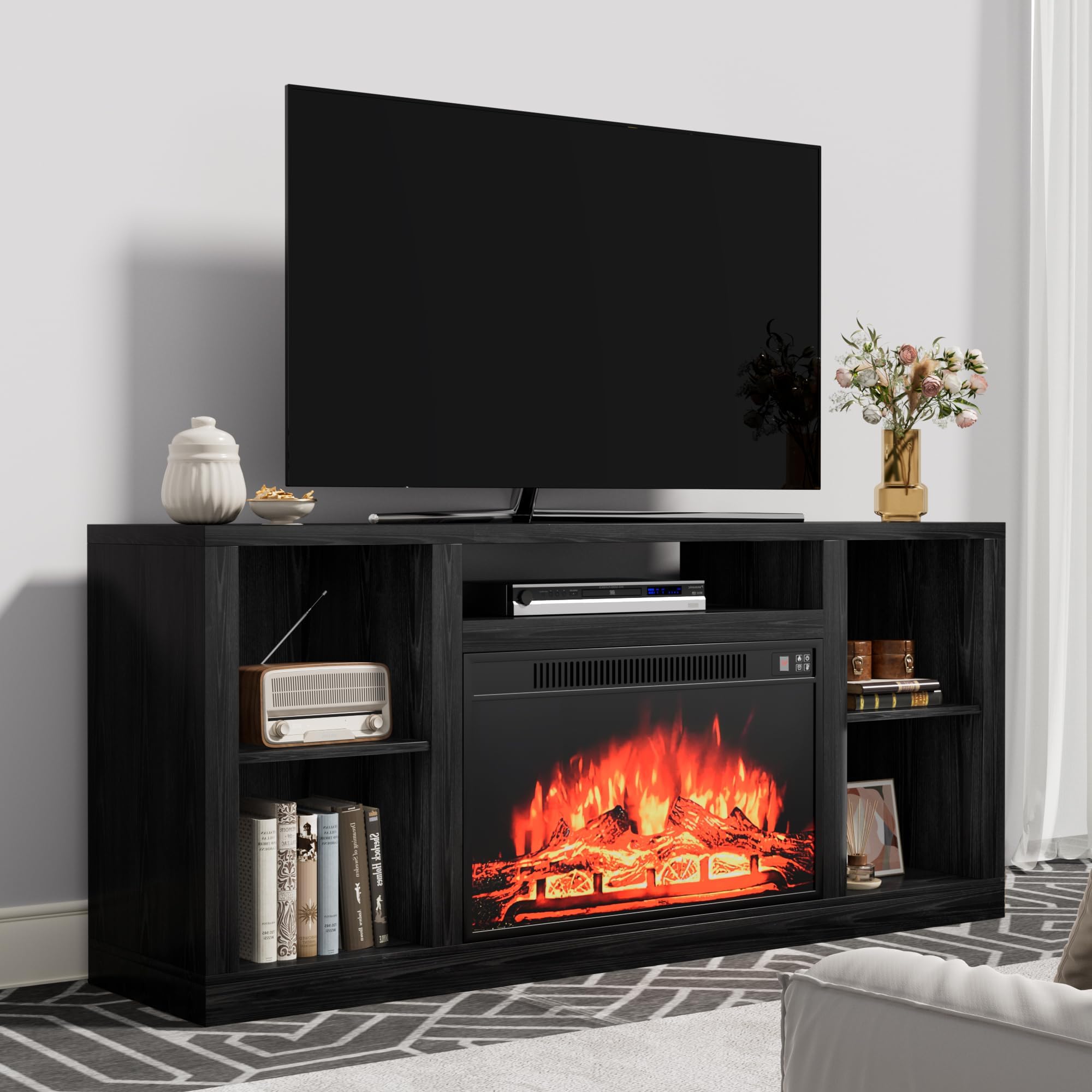 YESHOMY Electric Fireplace TV Stand for Televisions up to 65+ Inch, Media Entertainment Center Console Table with Four Open Storage Shelves & Cabinets, 58 Inch, Black